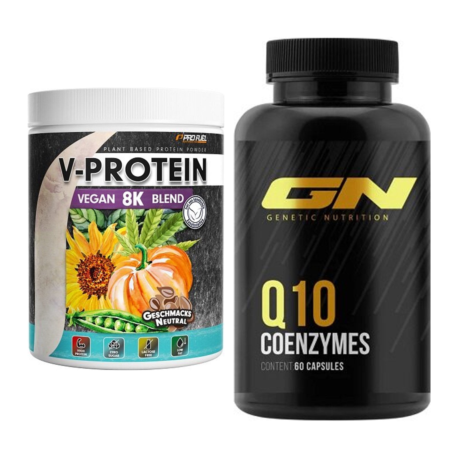 Basis-Set: ProFuel V-Protein Vegan 8K Blend + GN Q10 Health Line – alle enthaltenen Artikel