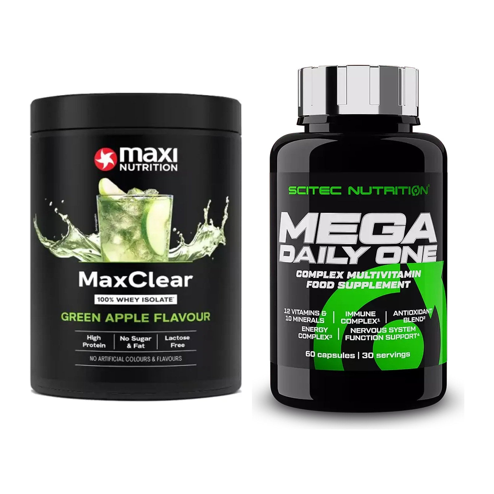 Basis-Set: MaxiNutrition MaxClear 100% + Scitec Mega Daily One Plus – alle enthaltenen Artikel