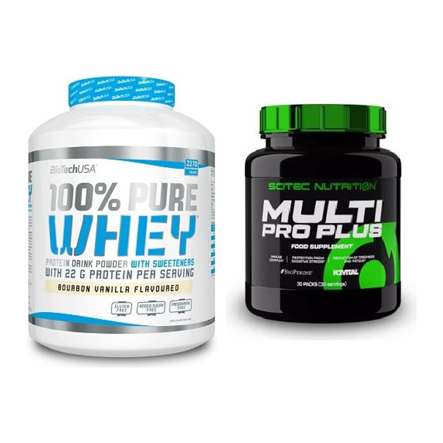 Basis-Set: BioTech 100% Pure Whey + Scitec Multi Pro Plus 30 Packs – alle enthaltenen Artikel