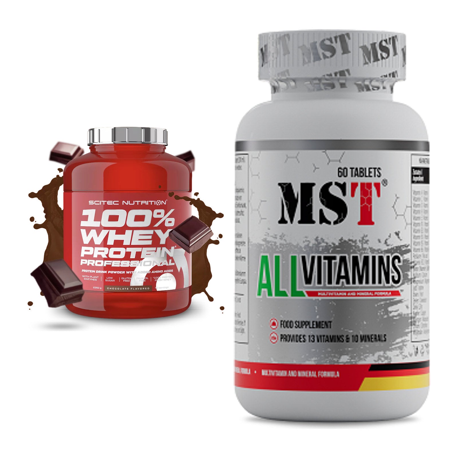 Basis-Set: Scitec 100% Whey Professional + MST All Vitamins 60 Pillen – alle enthaltenen Artikel