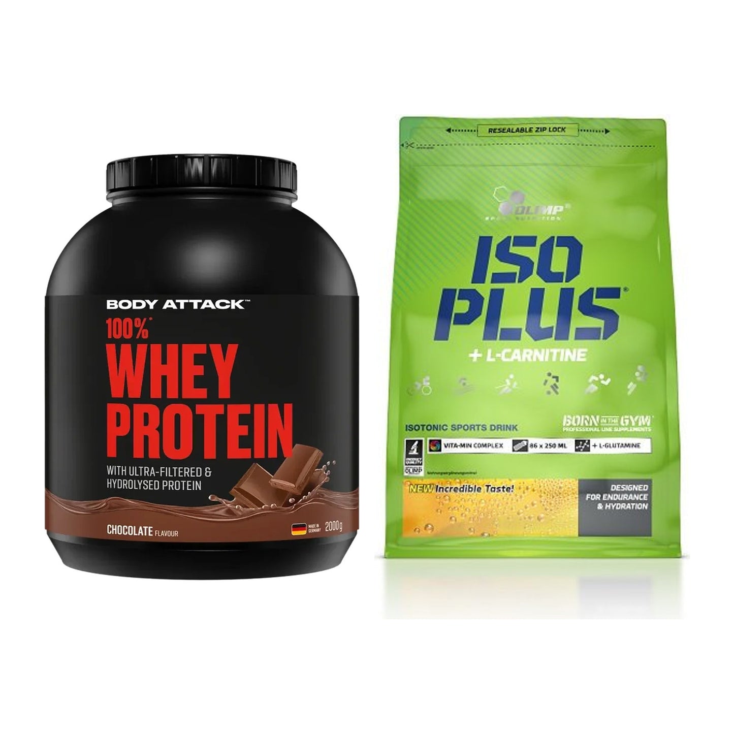 Basis-Set: Body Attack 100% Whey Protein + Olimp Iso Plus – alle enthaltenen Artikel