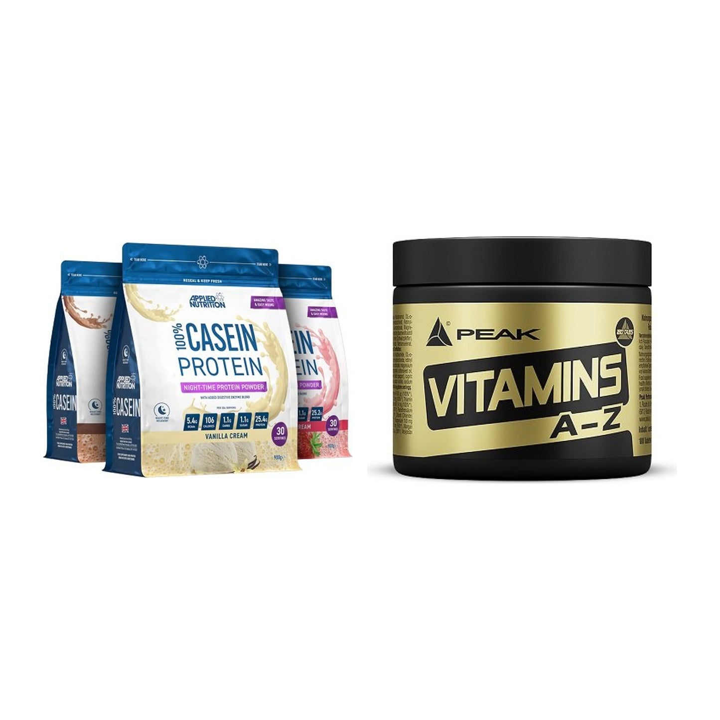 Basis-Set: Applied Nutrition 100% Casein + Peak Vitamin A-Z 180 Tabl. – alle enthaltenen Artikel