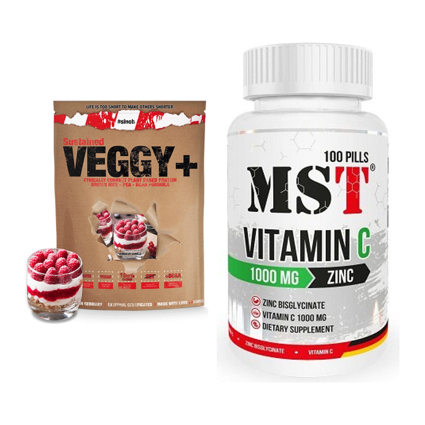 Basis-Set: Sinob VEGGY + VEGAN PROTEIN + MST Vitamin C 1000 + Zinc 100 – alle enthaltenen Artikel