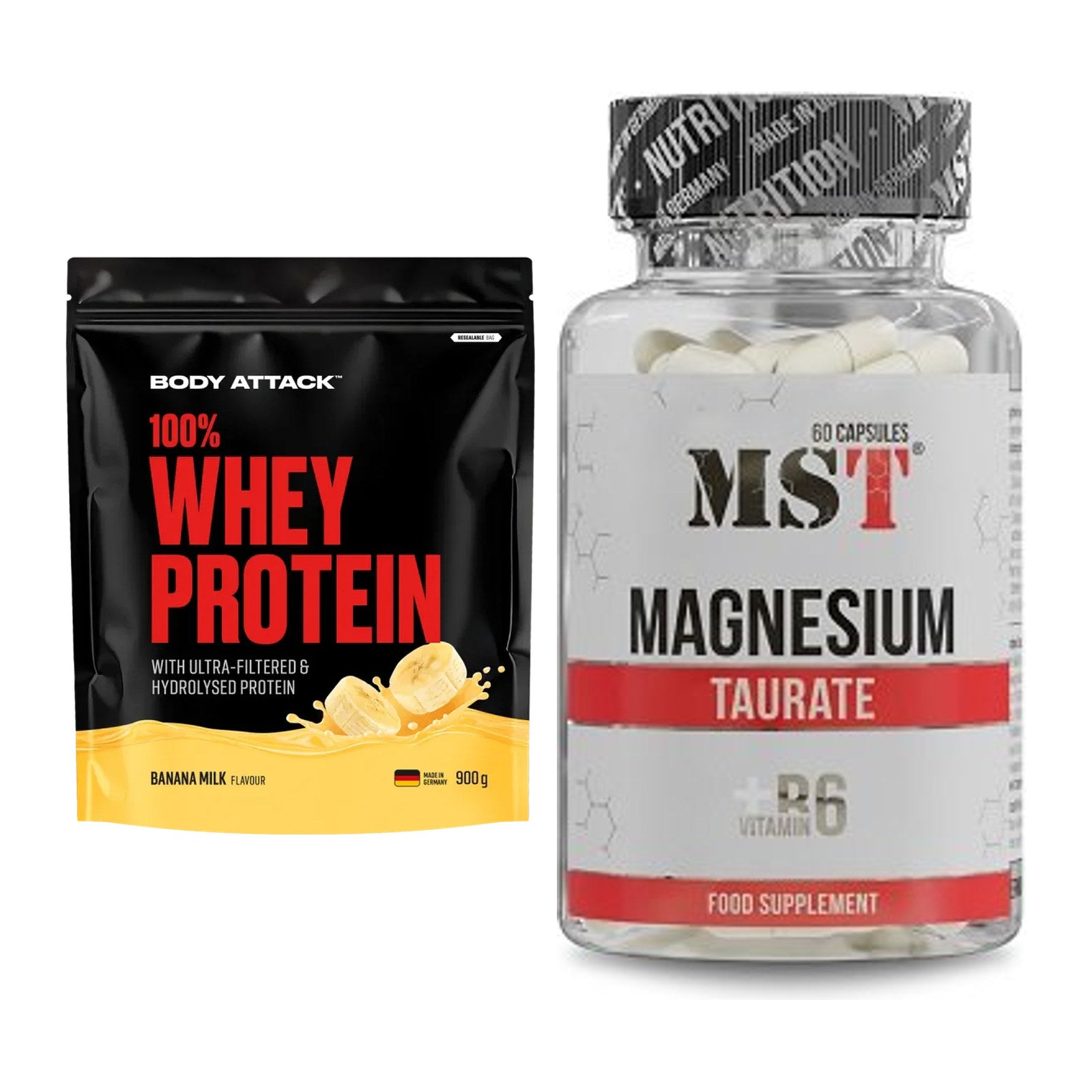 Basis-Set: Body Attack 100% Whey Protein + MST Magnesium Taurat – alle enthaltenen Artikel