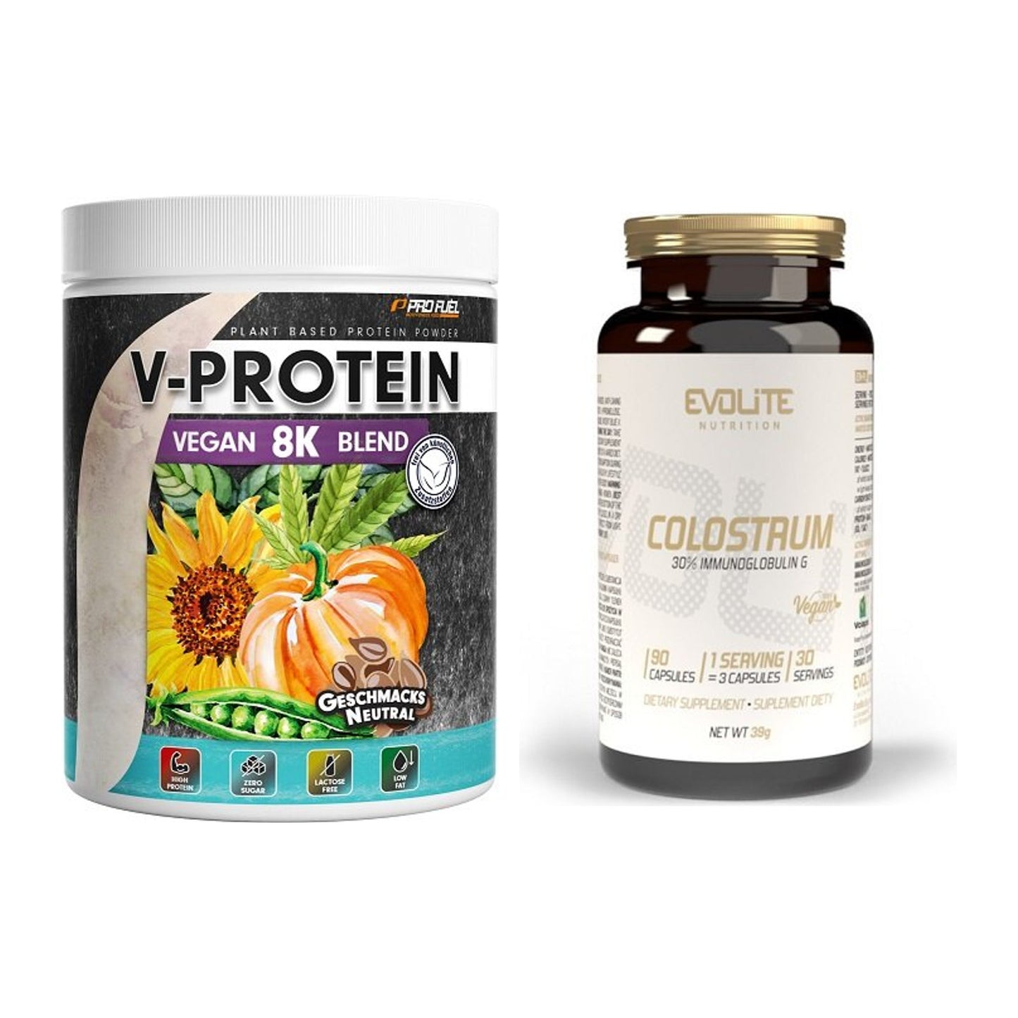 Basis-Set: ProFuel V-Protein Vegan 8K + Evolite Nutrition Colostrum – alle enthaltenen Artikel