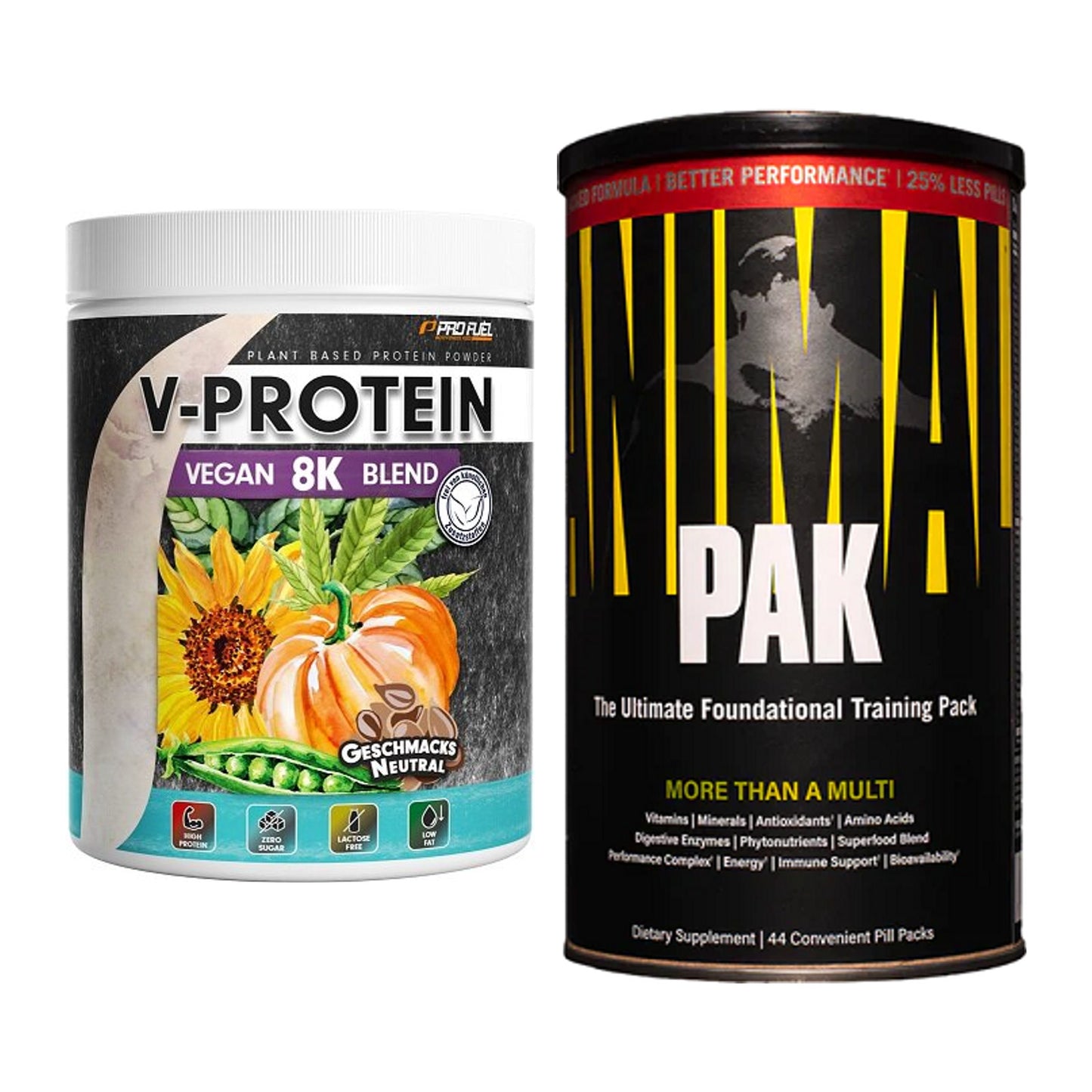 Basis-Set: ProFuel V-Protein Vegan 8K + Universal Animal Pak 44 – alle enthaltenen Artikel