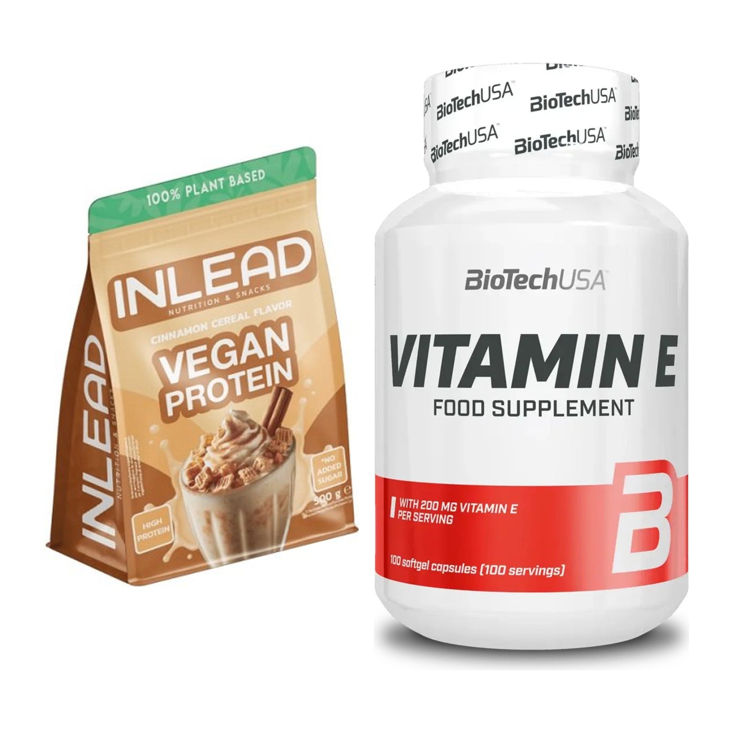 Basis-Set: INLEAD Vegan Protein + BioTech Vitamin E 100 Softgelcaps – alle enthaltenen Artikel