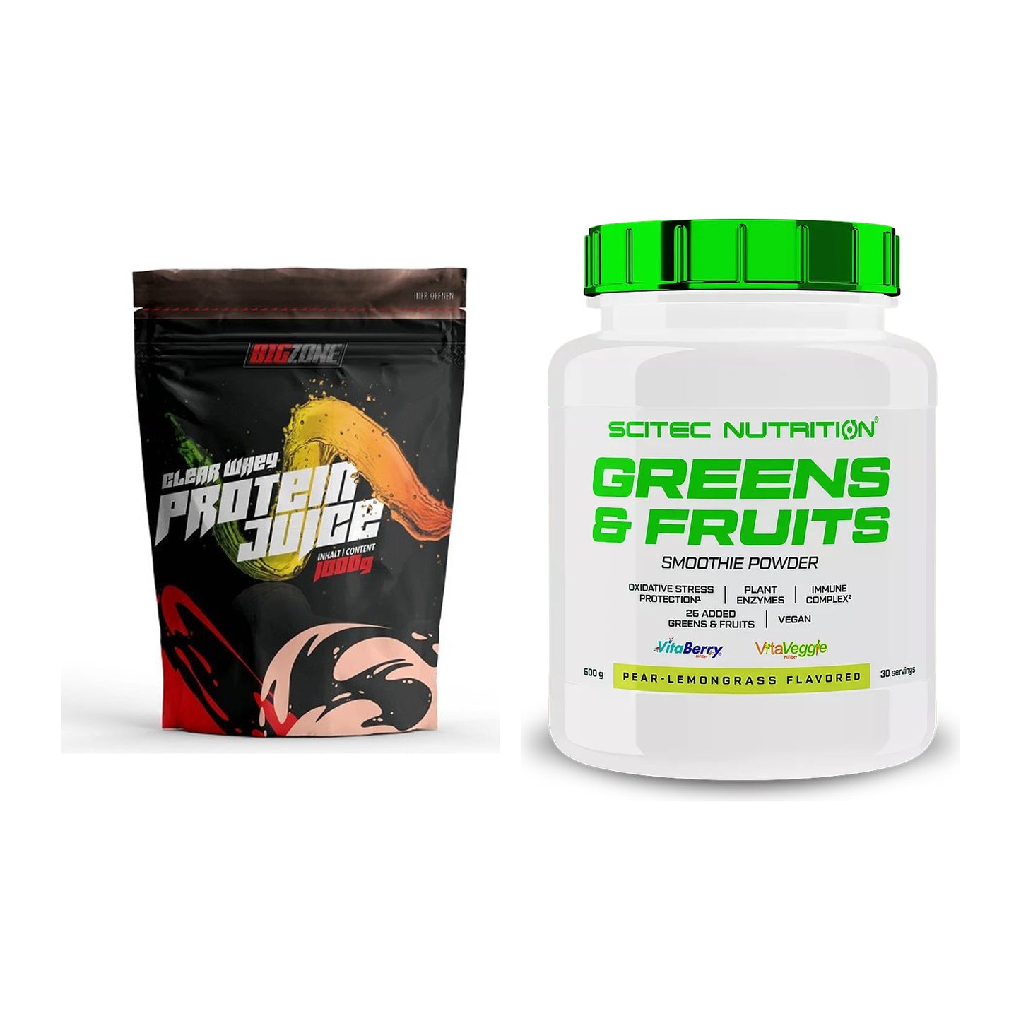 Basis-Set: Big Zone Clear Whey Protein Juice + Scitec Greens & Fruits – alle enthaltenen Artikel