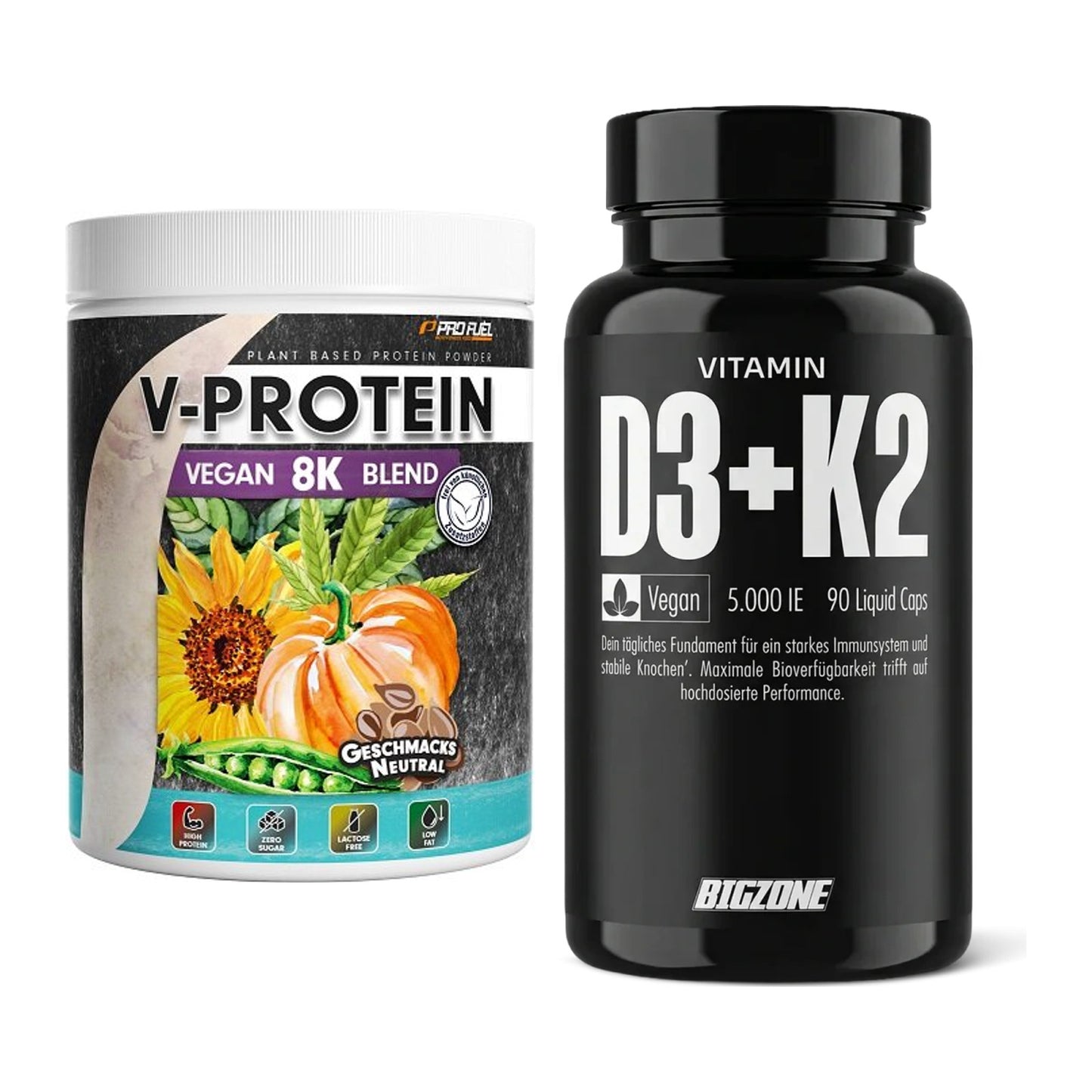 Basis-Set: ProFuel V-Protein Vegan 8K Blend + Big Zone Vitamin D3 + K2 – alle enthaltenen Artikel