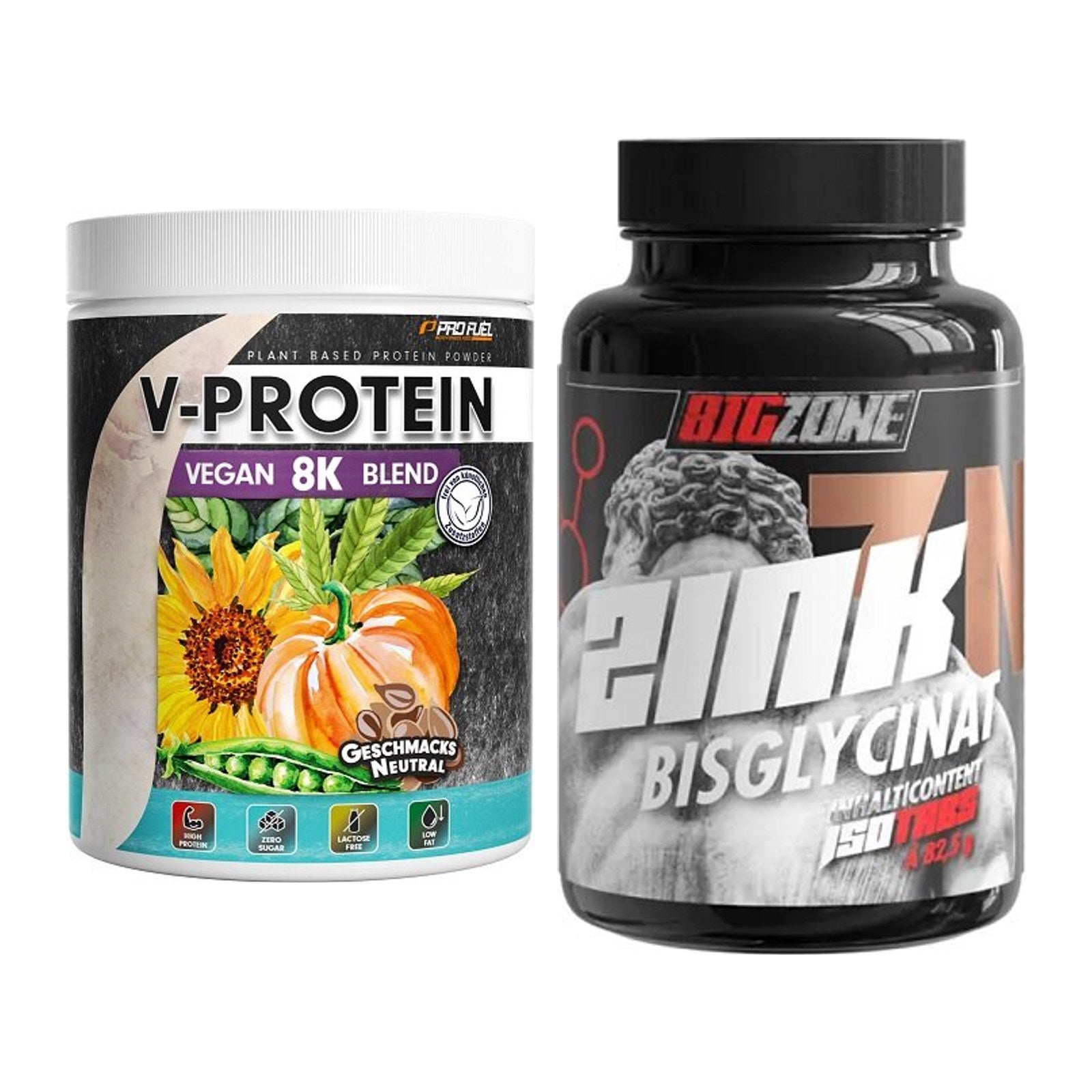 Basis-Set: ProFuel V-Protein Vegan 8K + Big Zone Zink Bisglycinat – alle enthaltenen Artikel