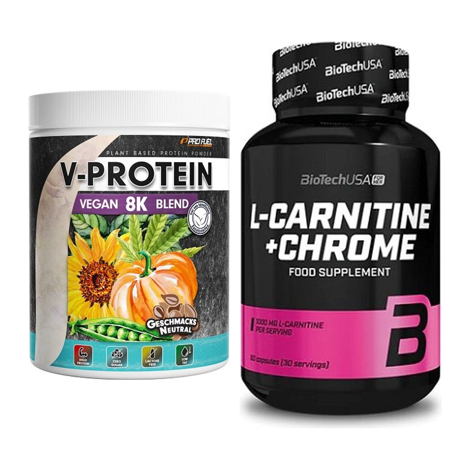 Basis-Set: ProFuel V-Protein Vegan 8K + BioTech L-Carnitine + Chrome – alle enthaltenen Artikel