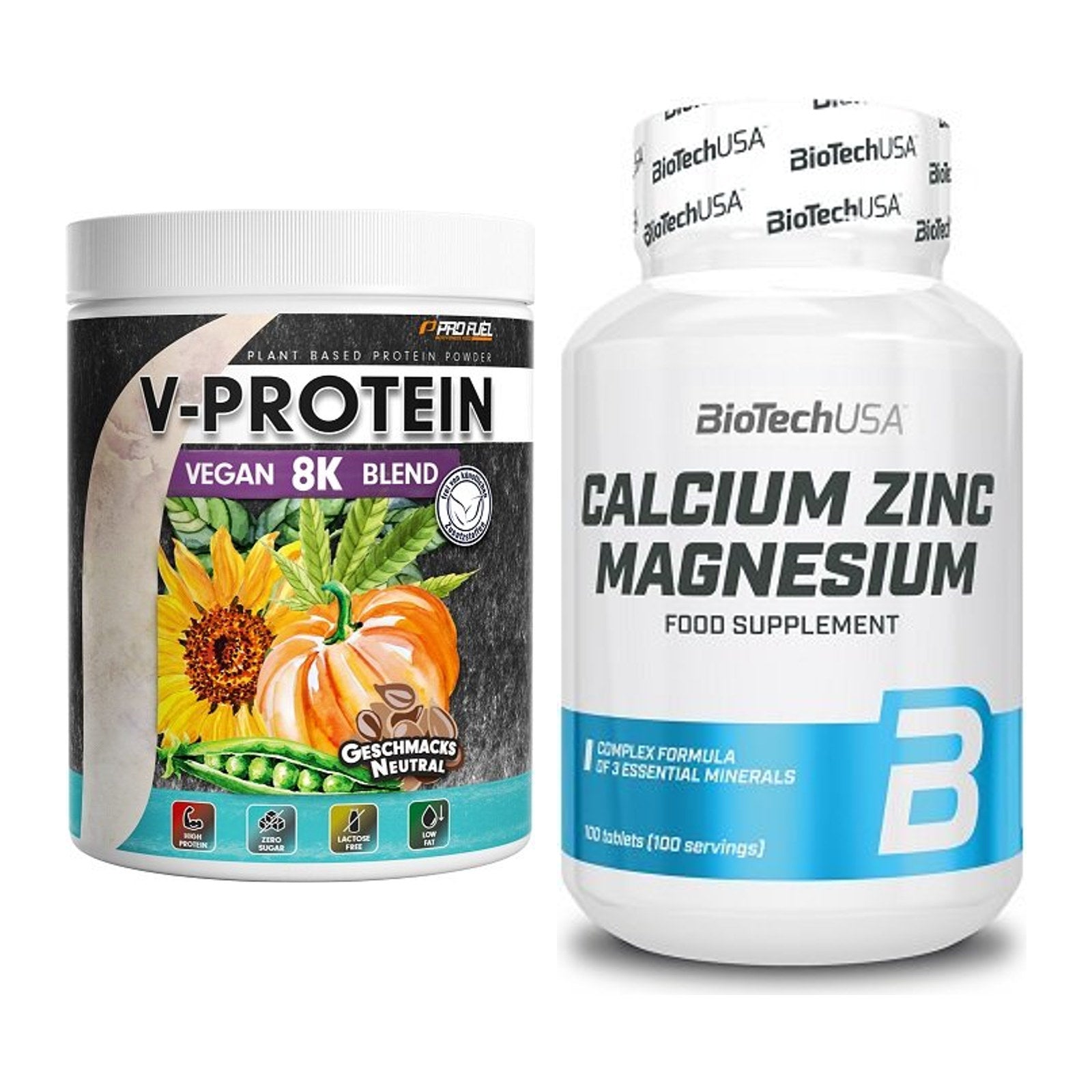 Basis-Set: ProFuel V-Protein Vegan 8K + BioTech Calcium Zinc – alle enthaltenen Artikel