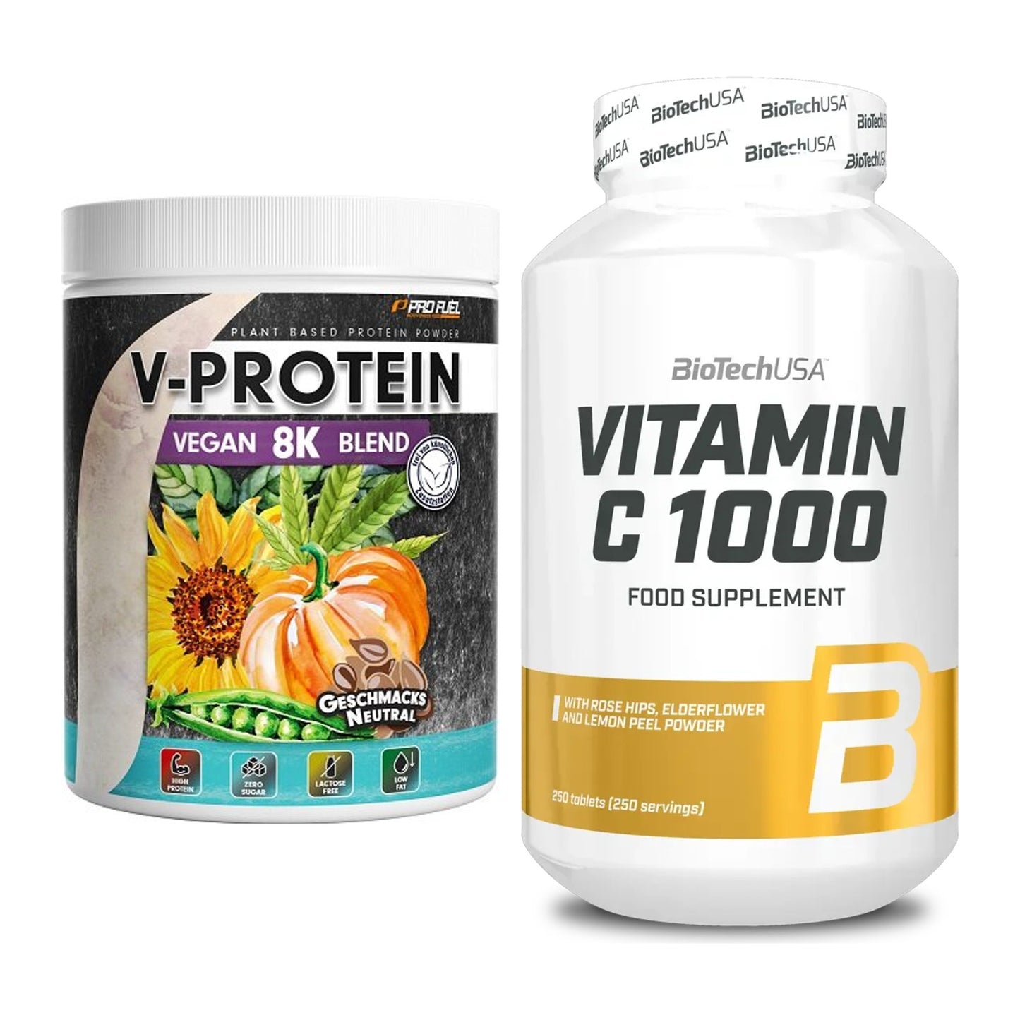 Basis-Set: ProFuel V-Protein Vegan 8K + BioTech Vitamin C 1000 250 – alle enthaltenen Artikel