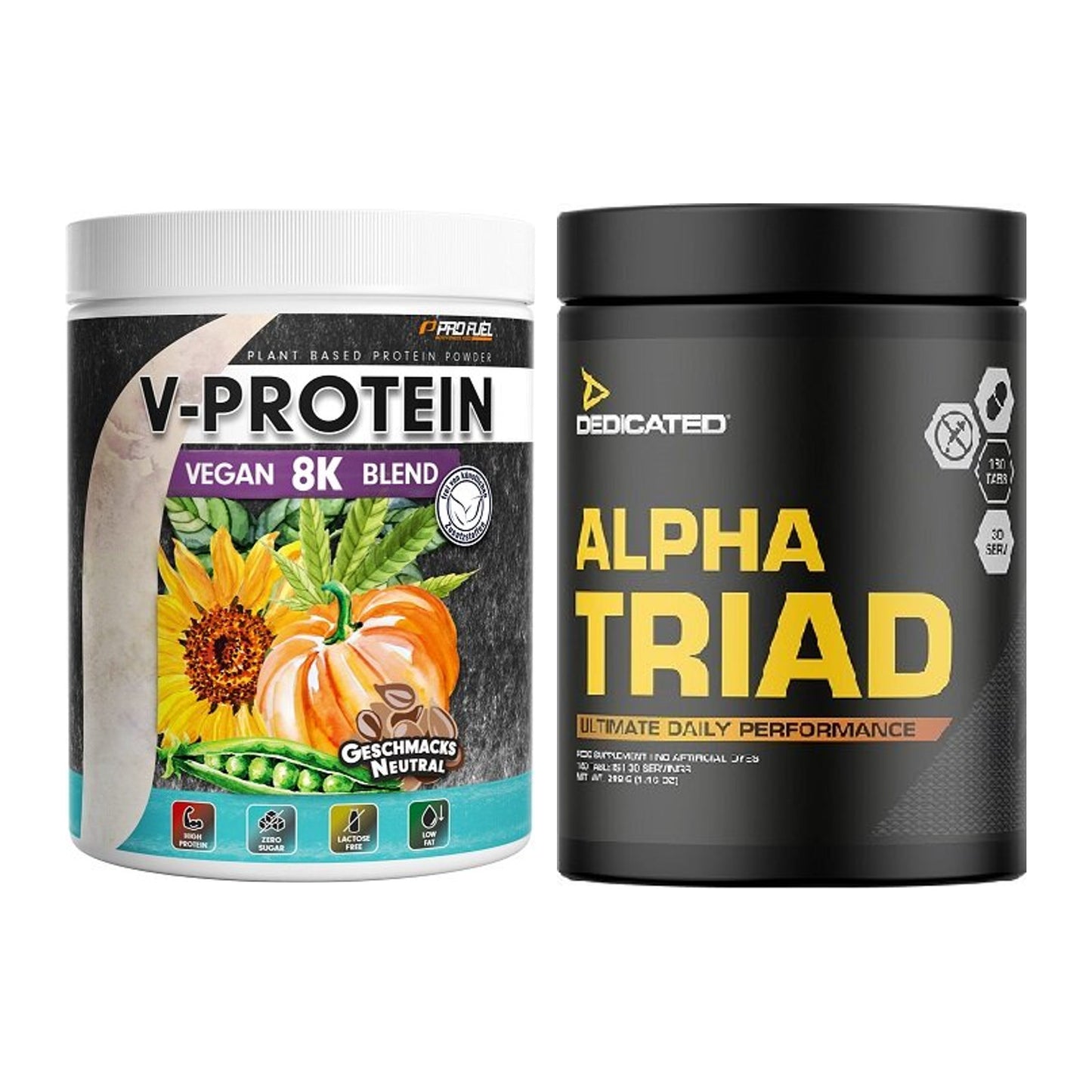 Basis-Set: ProFuel V-Protein Vegan 8K + Dedicated Alpha Triad 180 – alle enthaltenen Artikel