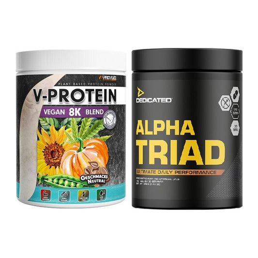 Basis-Set: ProFuel V-Protein Vegan 8K + Dedicated Alpha Triad 180 – alle enthaltenen Artikel