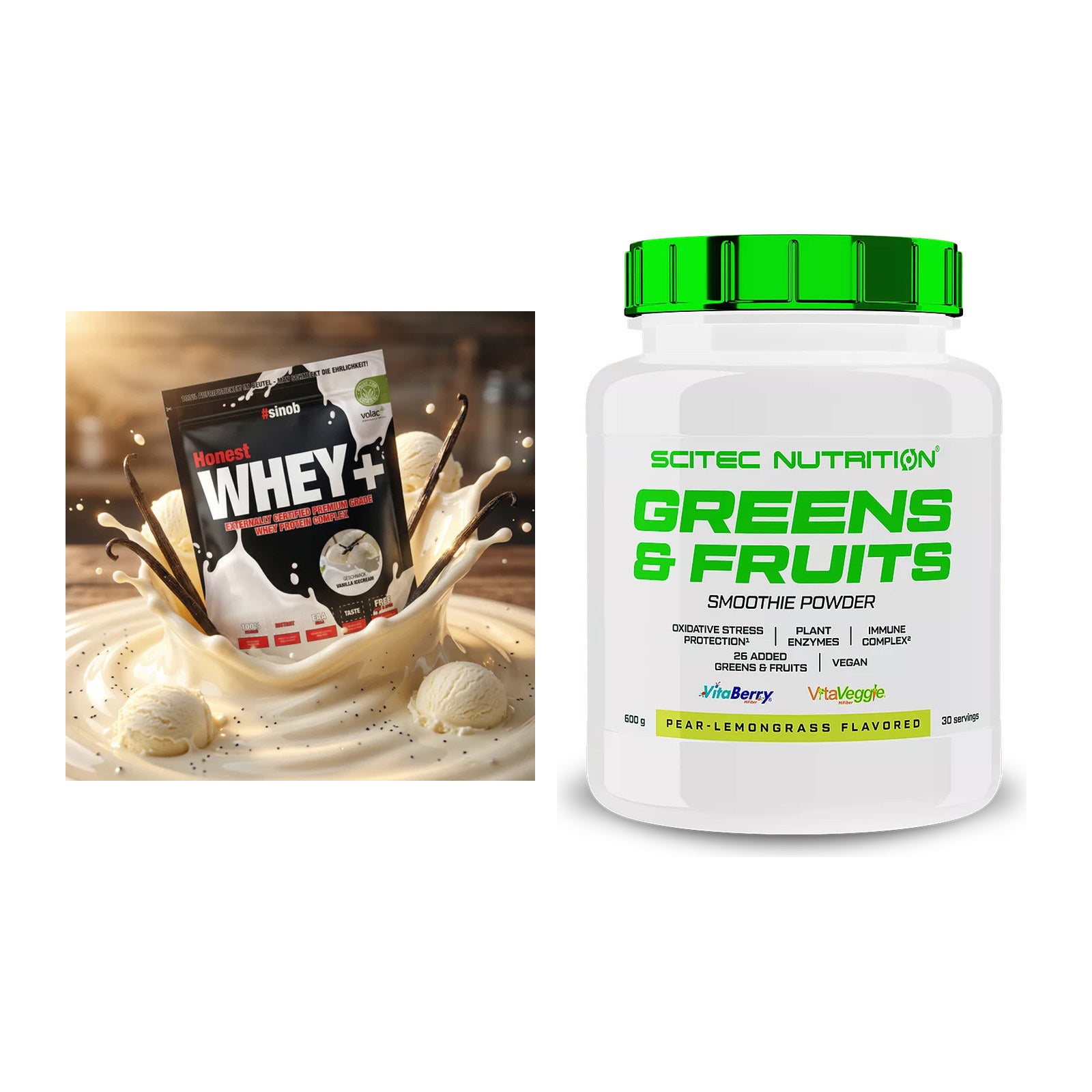 Basis-Set: Sinob Honest Whey+ + Scitec Greens & Fruits – alle enthaltenen Artikel