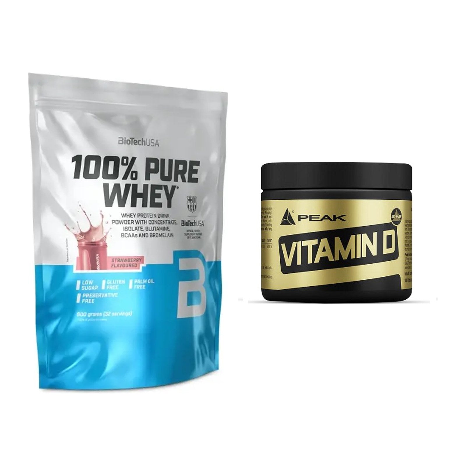 Basis-Set: BioTech 100% Pure Whey + Peak Vitamin D 180 Tabl. – alle enthaltenen Artikel