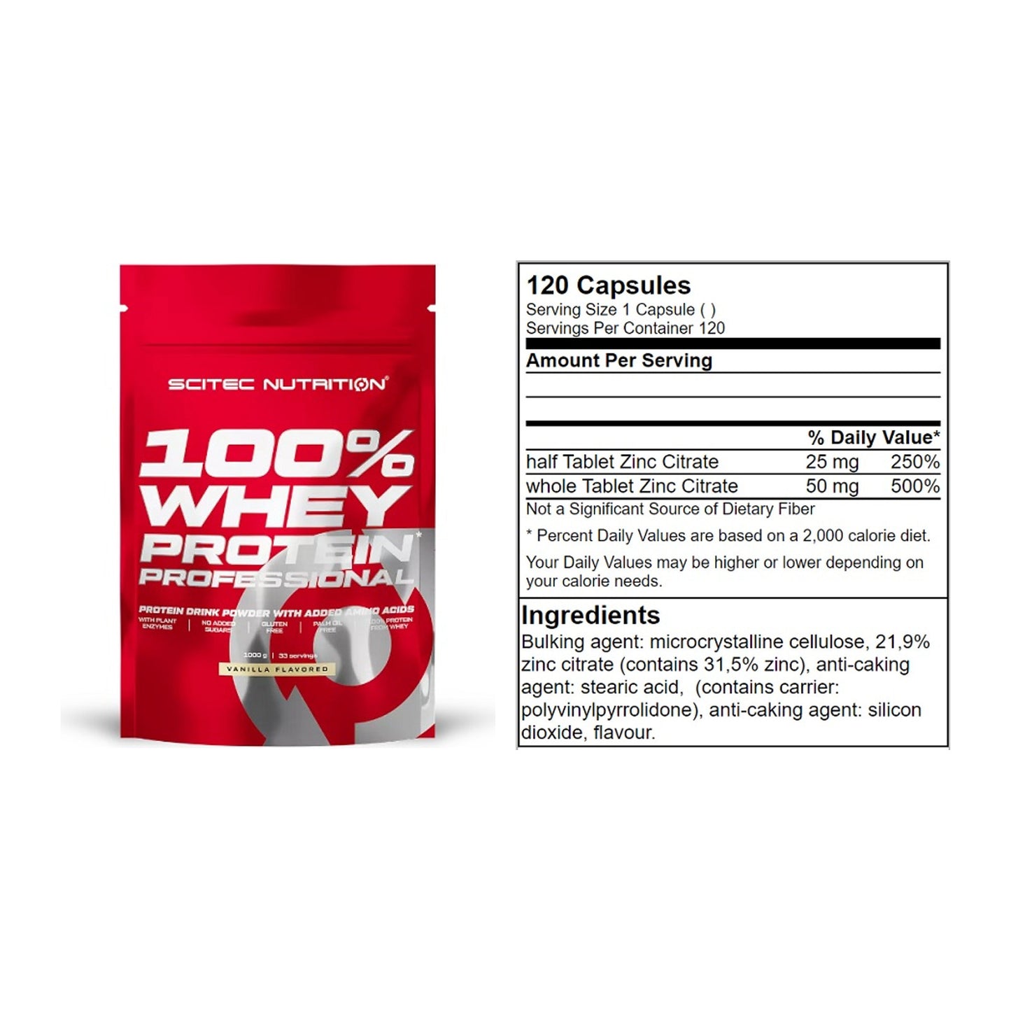 Basis-Set: Scitec 100% Whey Protein + GN Zinc Citrate 120 Tabl. – alle enthaltenen Artikel