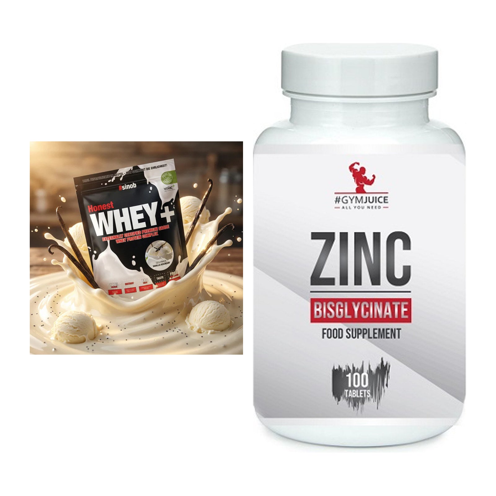 Basis-Set: Sinob Honest Whey+ + #GYMJUICE ZINC Bisglycinate – alle enthaltenen Artikel