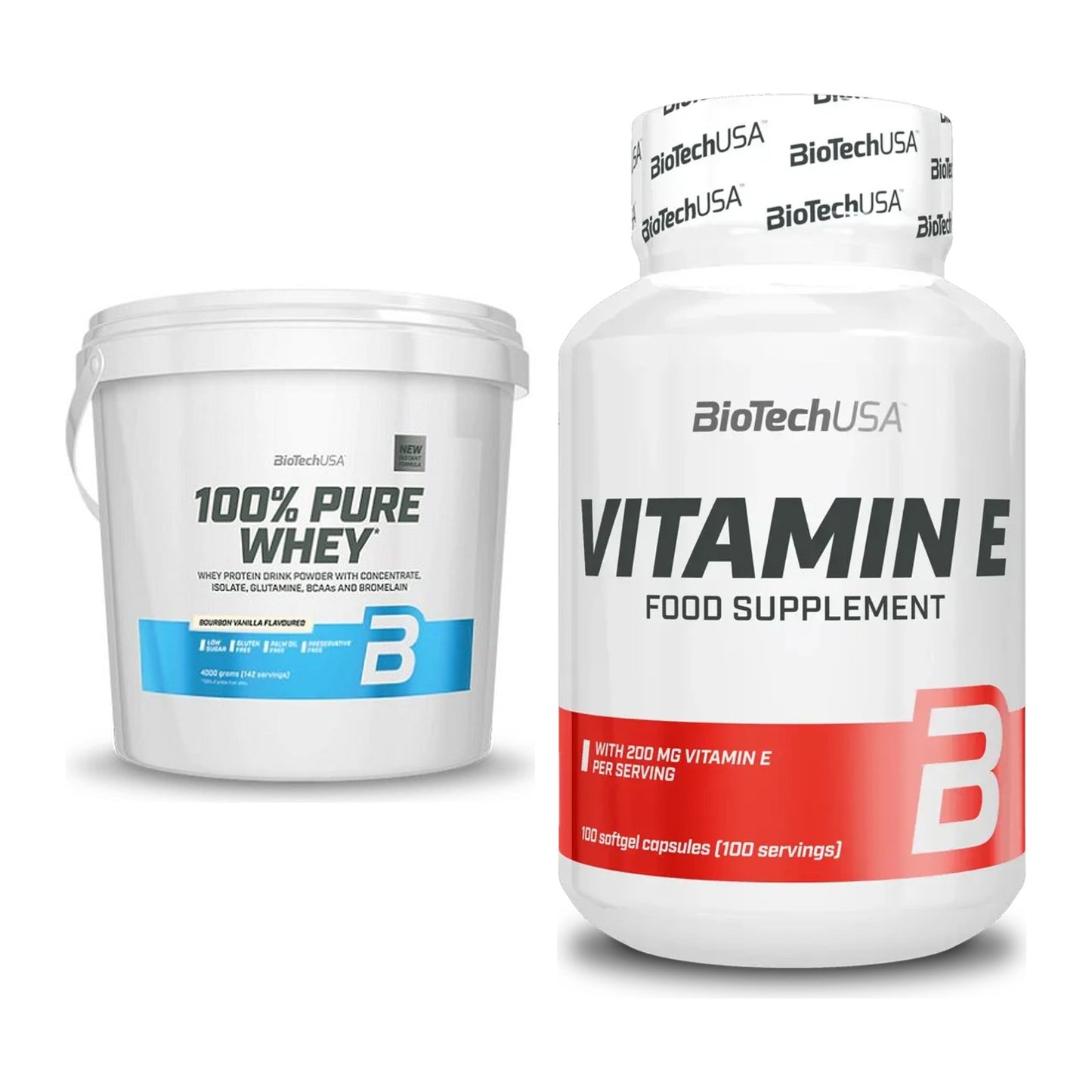 Basis-Set: BioTech 100% Pure Whey + BioTech Vitamin E 100 Softgelcaps – alle enthaltenen Artikel