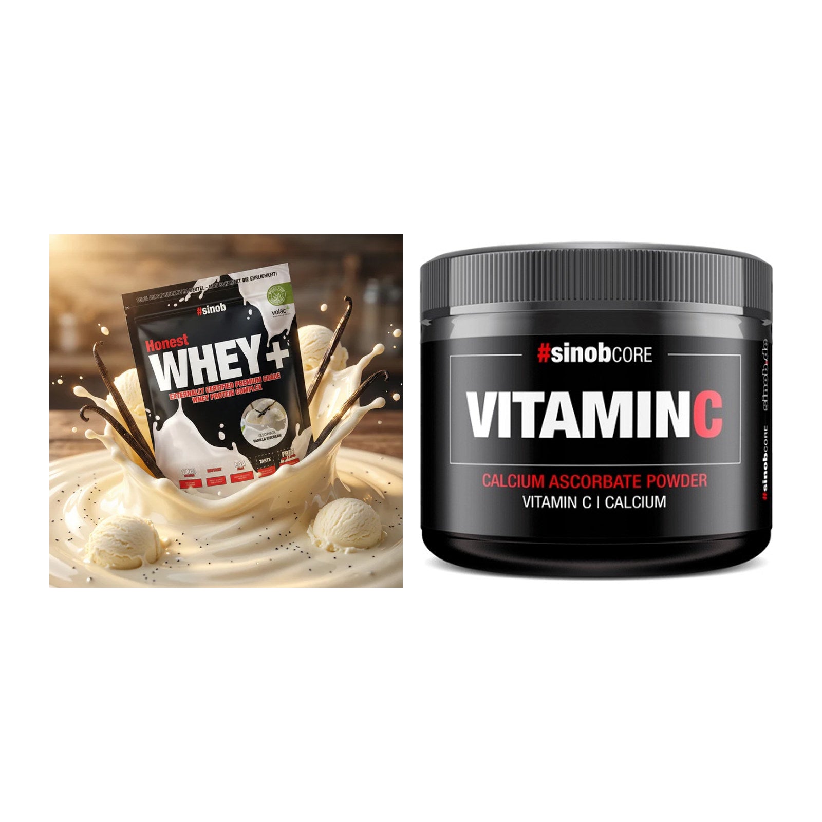 Basis-Set: Sinob Honest Whey+ + Sinob Vitamin C Calcium Ascorbate – alle enthaltenen Artikel