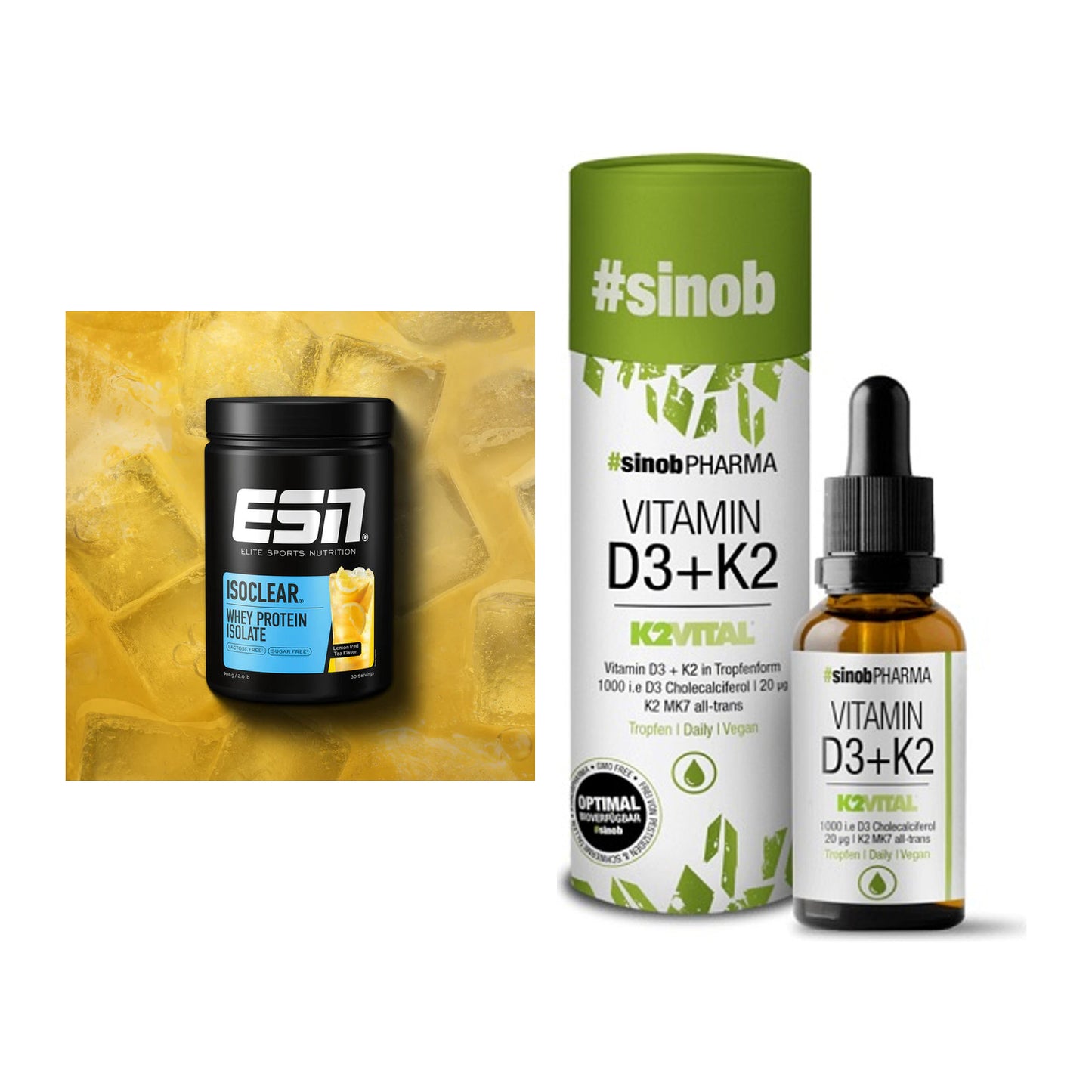 Basis-Set: ESN ISOCLEAR Whey Isolate + Sinob Vitamin D3 + K2 Tropfen – alle enthaltenen Artikel