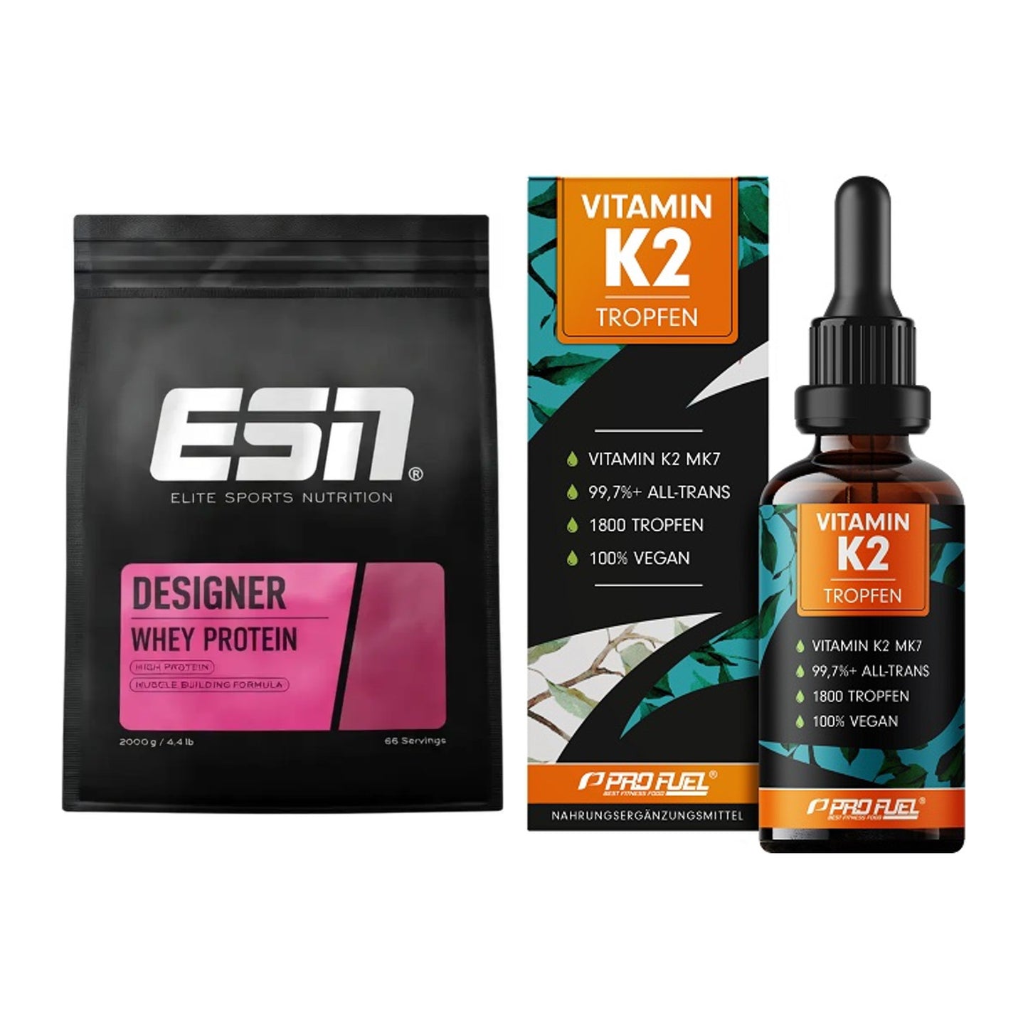 Basis-Set: ESN Designer Whey + ProFuel Vitamin K2 (1800 Tropfen) – alle enthaltenen Artikel