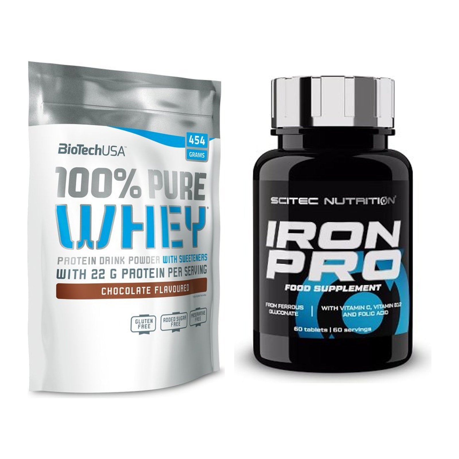 Basis-Set: BioTech 100% Pure Whey + Scitec Iron Pro – alle enthaltenen Artikel