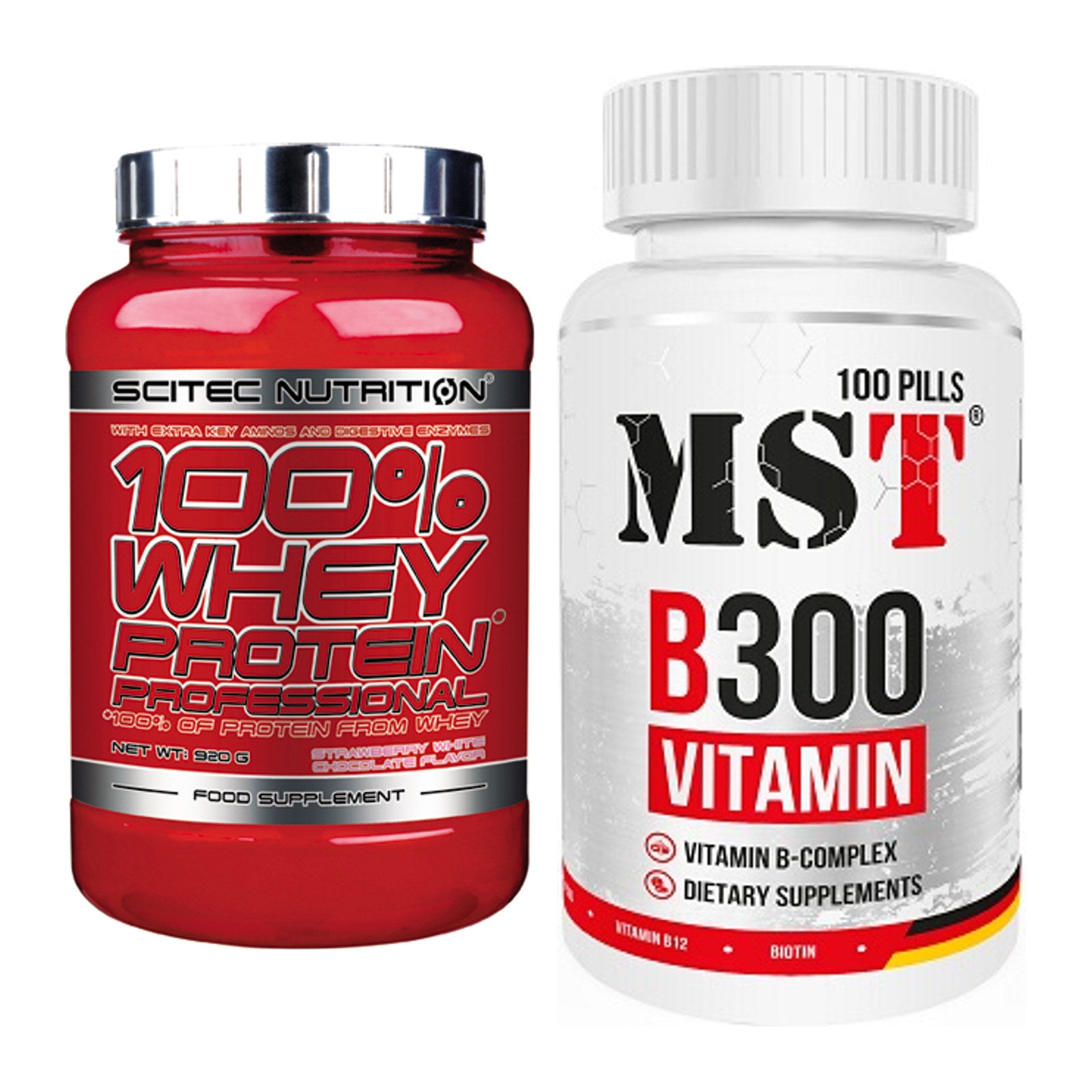 Basis-Set: Scitec 100% Whey + MST B300 B-Complex 100 Pills – alle enthaltenen Artikel
