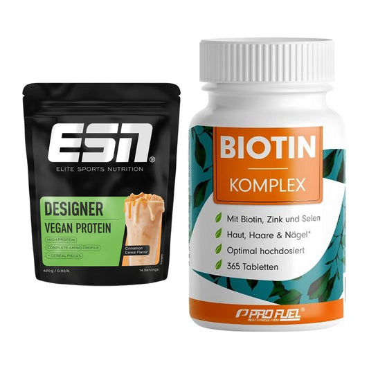 Basis-Set: ESN Designer Vegan Protein + ProFuel BIOTIN Komplex – alle enthaltenen Artikel