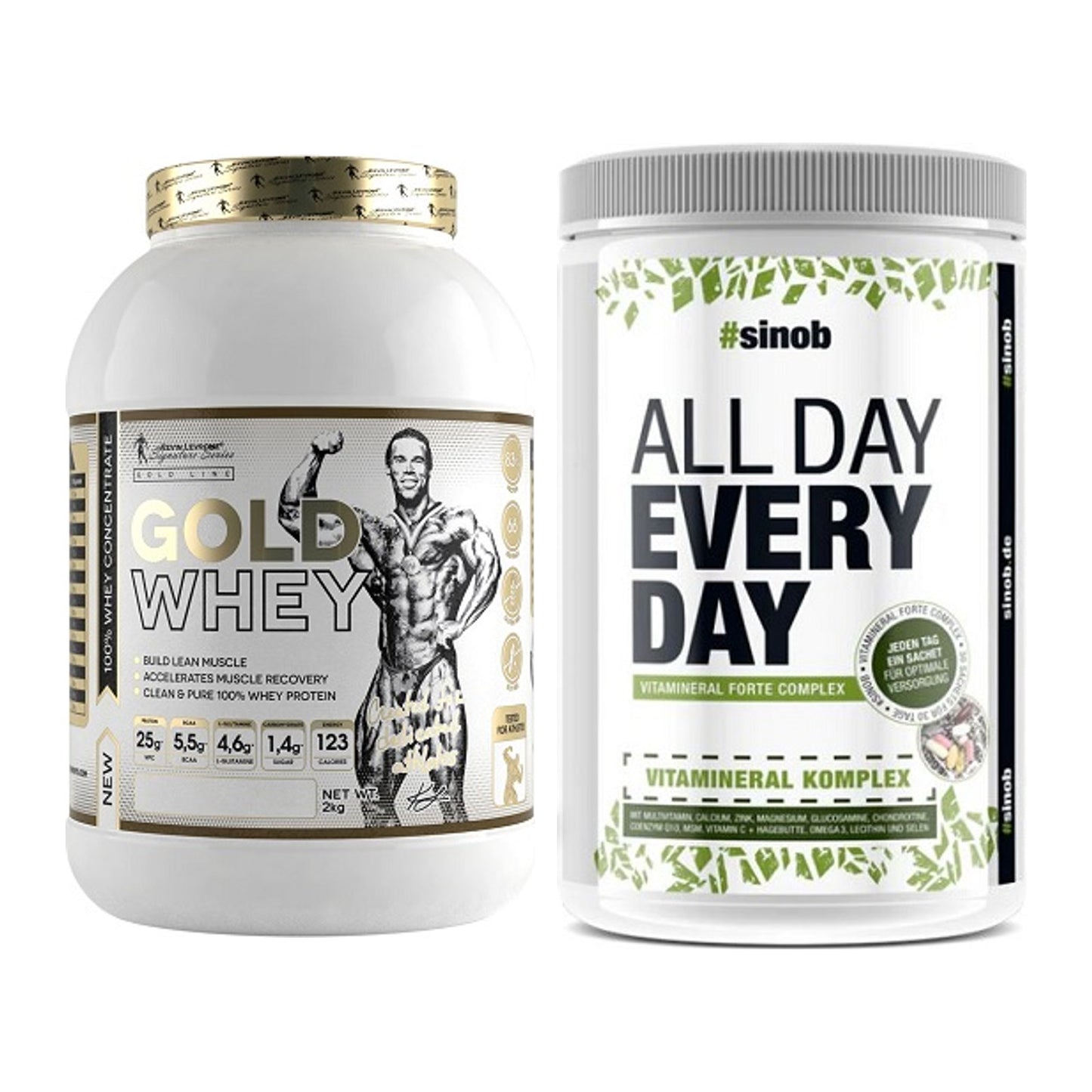 Basis-Set: Kevin Levrone Gold Whey + Sinob All Day Every Day 30 Serv. – alle enthaltenen Artikel
