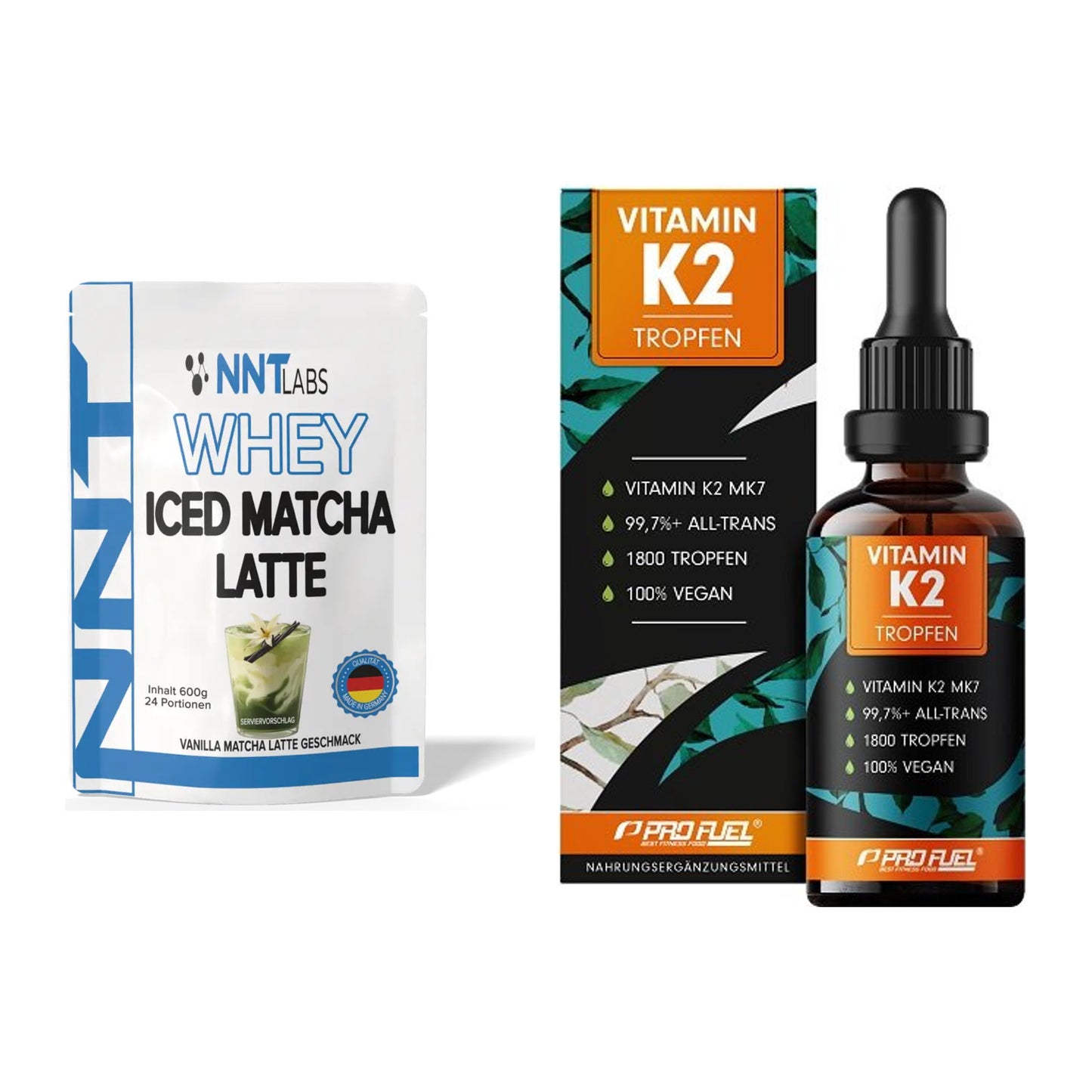 Basis-Set: NNT Whey ICED MATCHA LATTE + ProFuel Vitamin K2 (1800 – alle enthaltenen Artikel