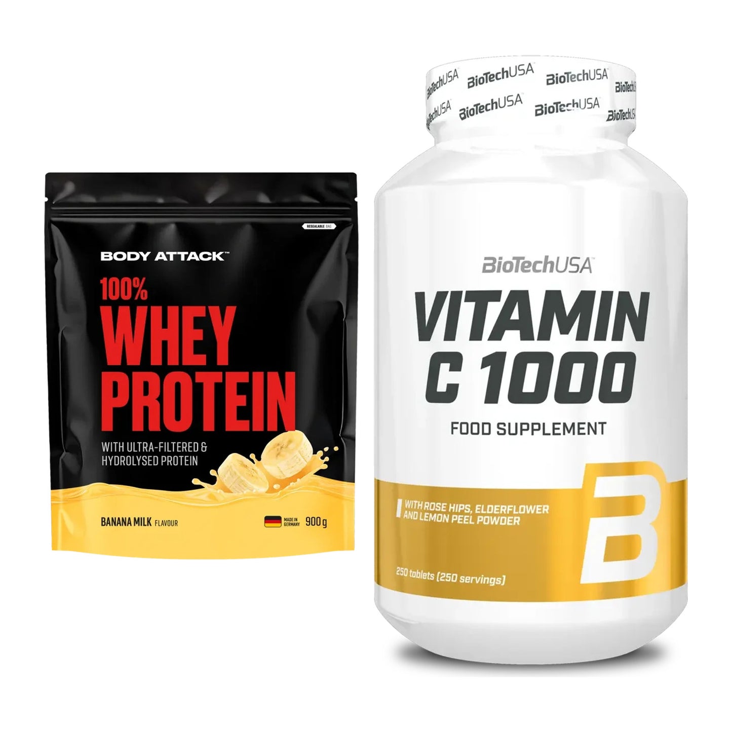 Basis-Set: Body Attack 100% Whey + BioTech Vitamin C 1000 250 – alle enthaltenen Artikel