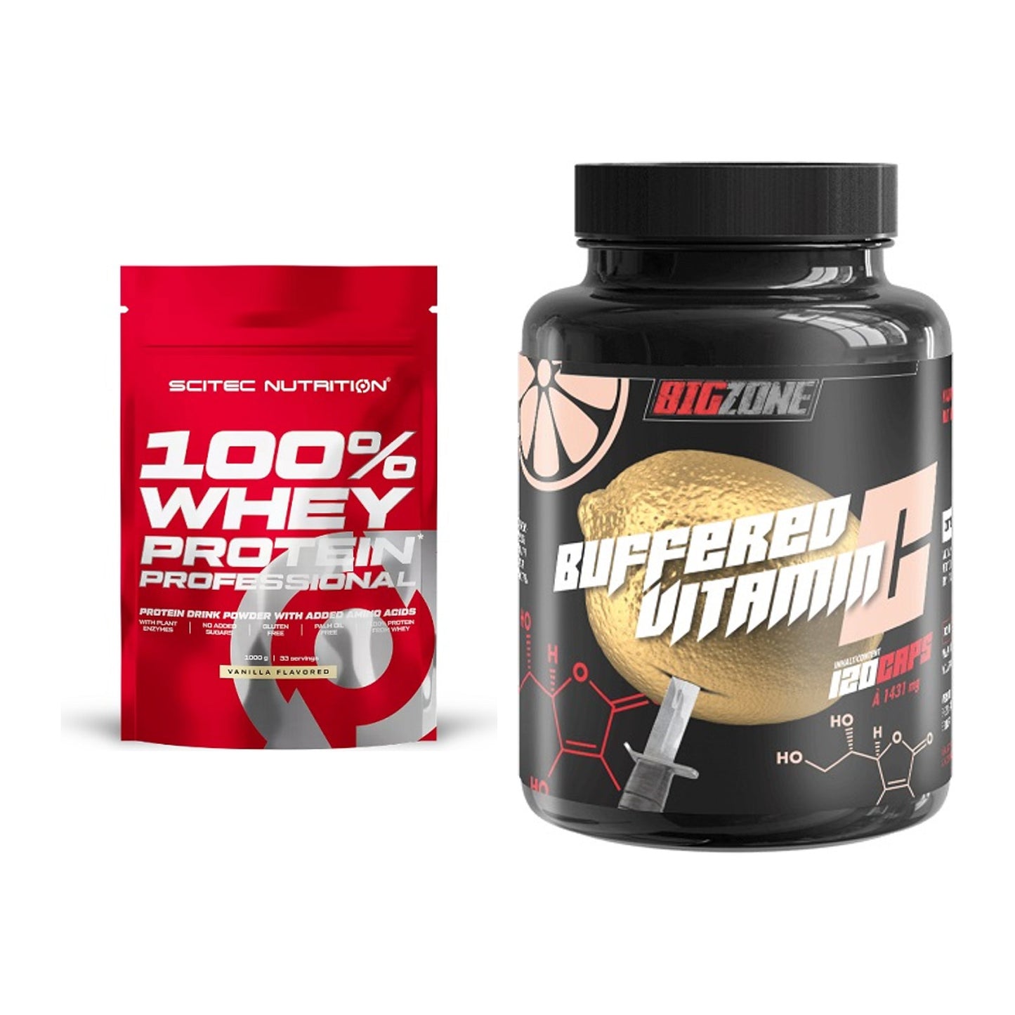 Basis-Set: Scitec 100% Whey Protein + Big Zone Buffered Vitamin C – alle enthaltenen Artikel