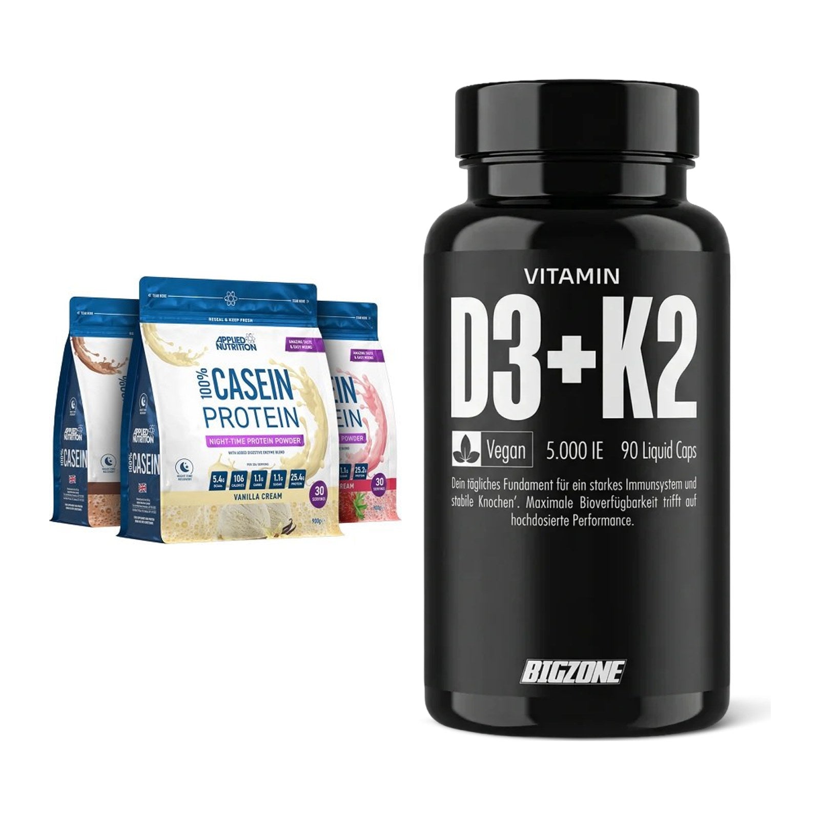 Basis-Set: Applied Nutrition 100% Casein + Big Zone Vitamin D3 + K2 – alle enthaltenen Artikel