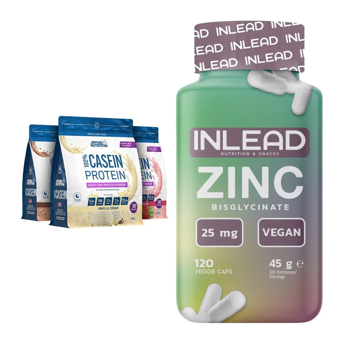 Basis-Set: Applied Nutrition 100% Casein + INLEAD Zink Bisglycinate – alle enthaltenen Artikel