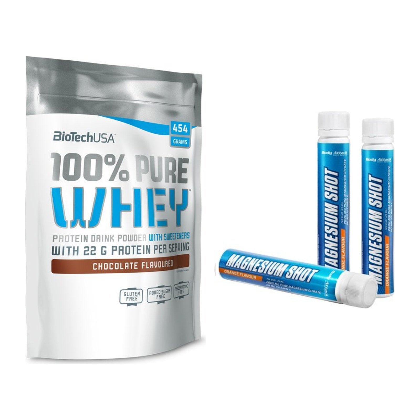 Basis-Set: BioTech 100% Pure Whey + Body Attack Magnesium Shots – alle enthaltenen Artikel