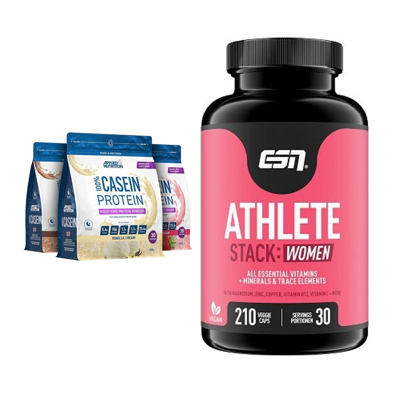 Basis-Set: Applied Nutrition 100% Casein + ESN Athlete Stack:WOMEN – alle enthaltenen Artikel
