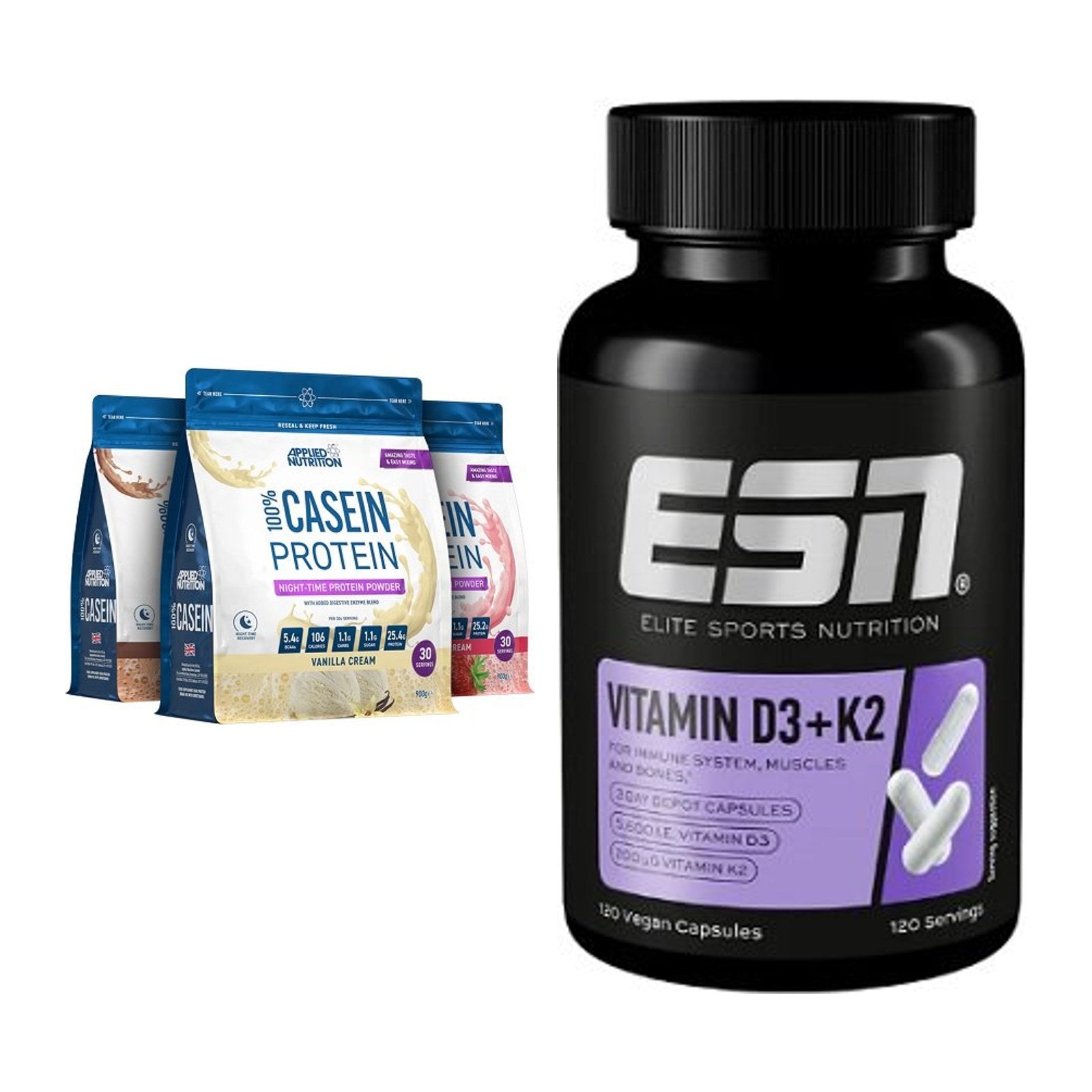 Basis-Set: Applied Nutrition 100% Casein + ESN Vitamin D3 + K2 – alle enthaltenen Artikel