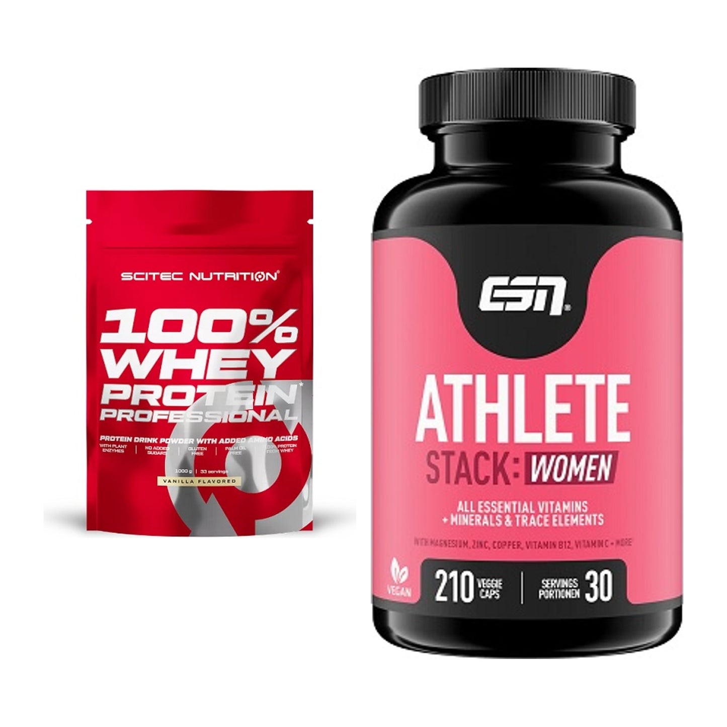 Basis-Set: Scitec 100% Whey Protein + ESN Athlete Stack:WOMEN – alle enthaltenen Artikel