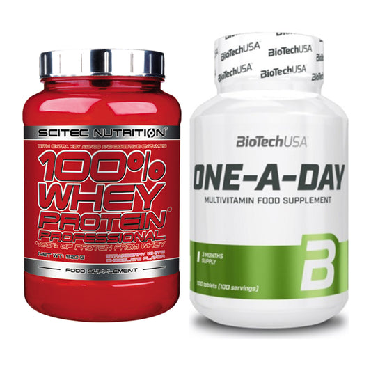 Basis-Set: Scitec 100% Whey Professional + BioTech One A Day 100 Tabl. – alle enthaltenen Artikel