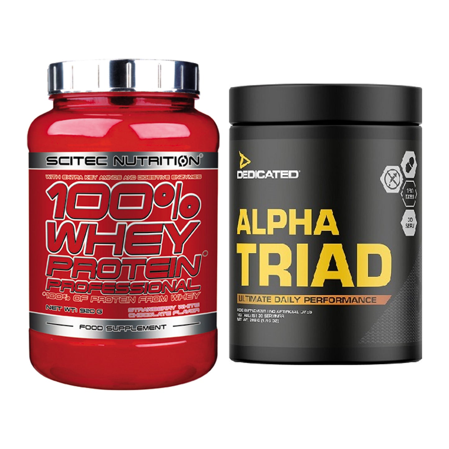 Basis-Set: Scitec 100% Whey + Dedicated Alpha Triad 180 – alle enthaltenen Artikel
