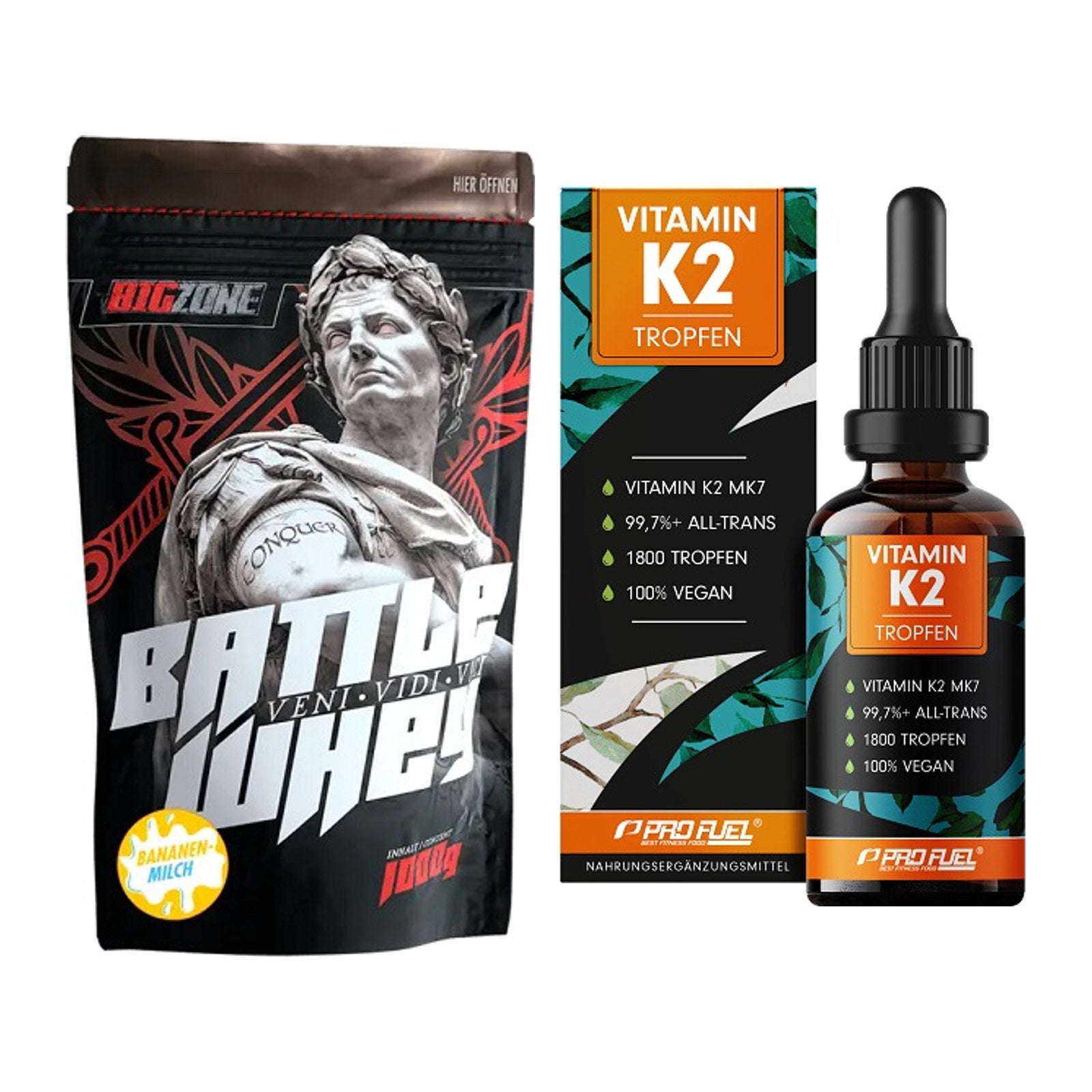 Basis-Set: Big Zone Battle Whey + ProFuel Vitamin K2 (1800 Tropfen) – alle enthaltenen Artikel