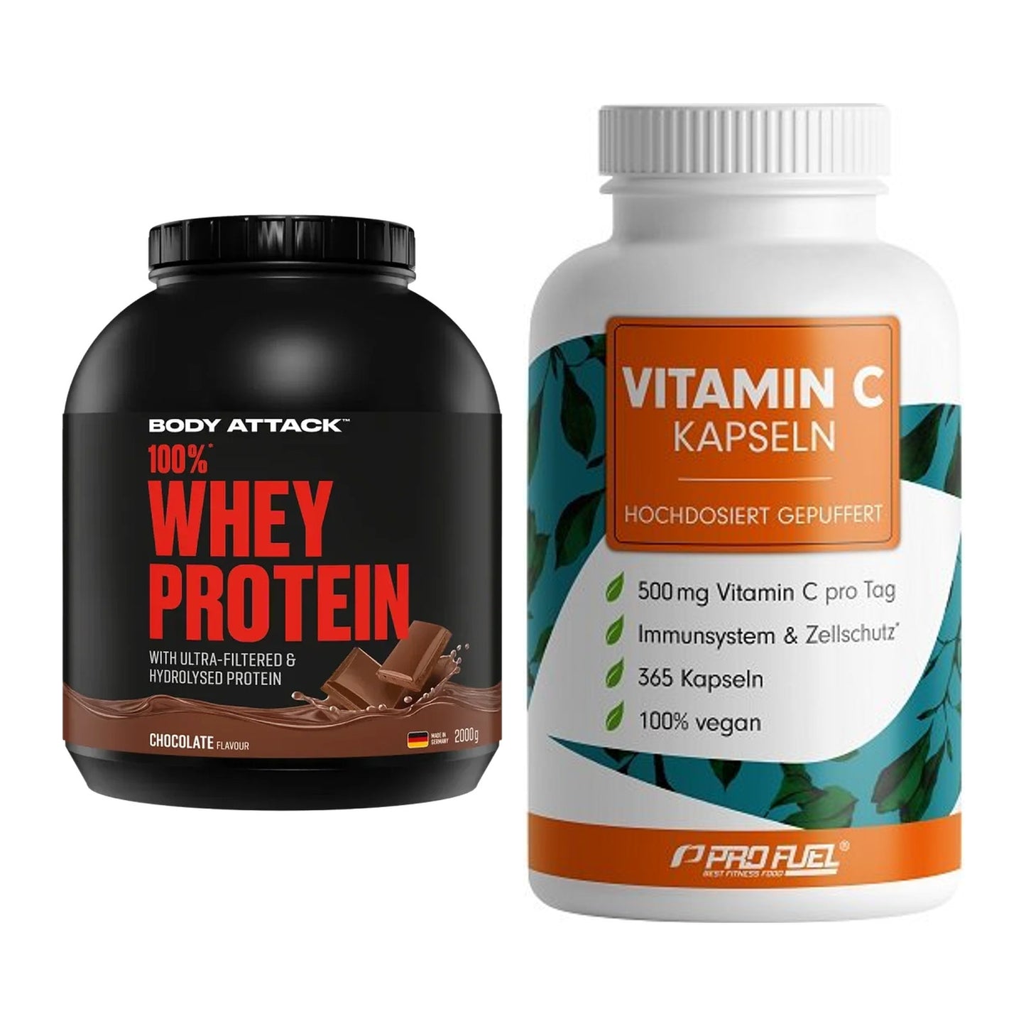 Basis-Set: Body Attack 100% Whey Protein + ProFuel Vitamin C gepuffert – alle enthaltenen Artikel
