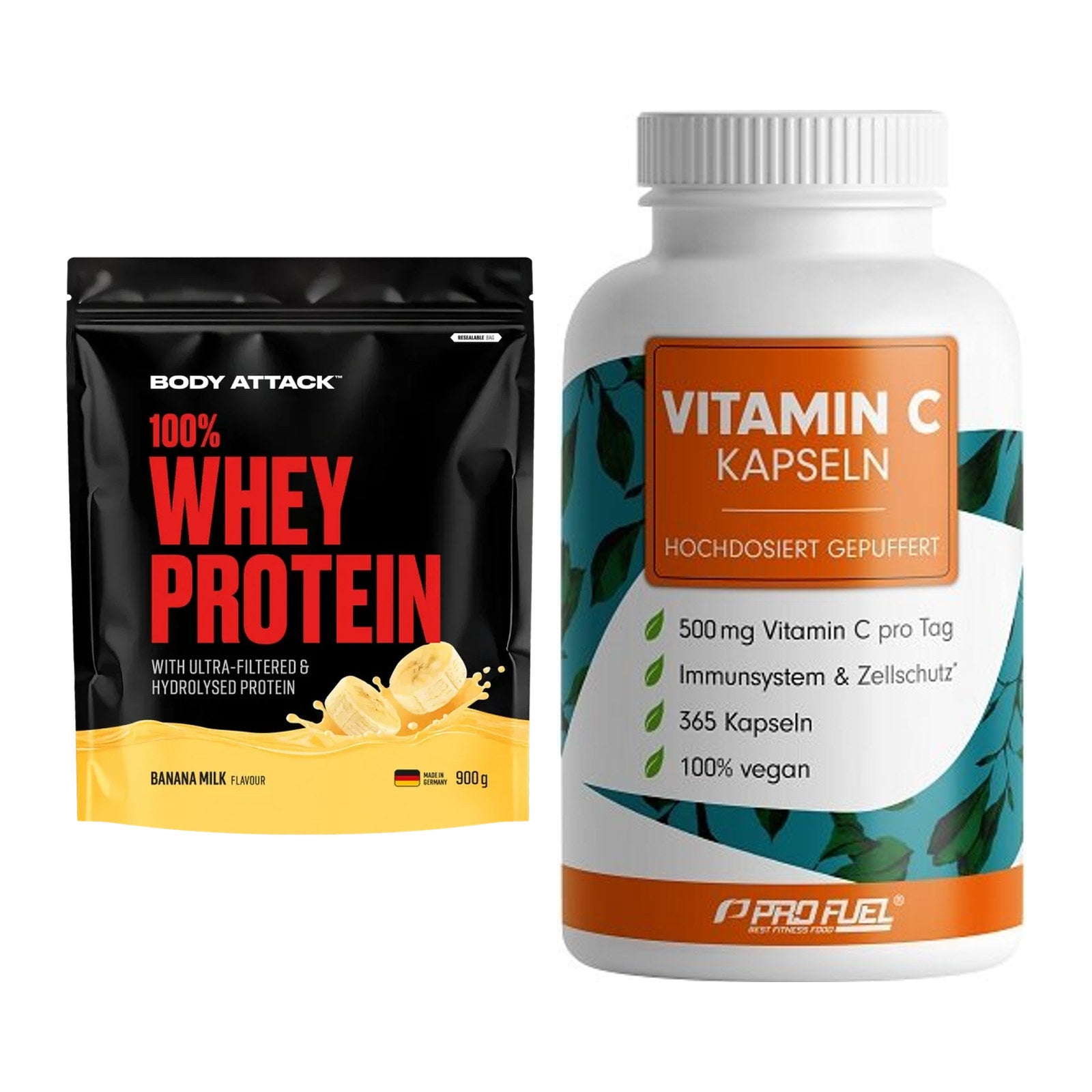 Basis-Set: Body Attack 100% Whey Protein + ProFuel Vitamin C gepuffert – alle enthaltenen Artikel