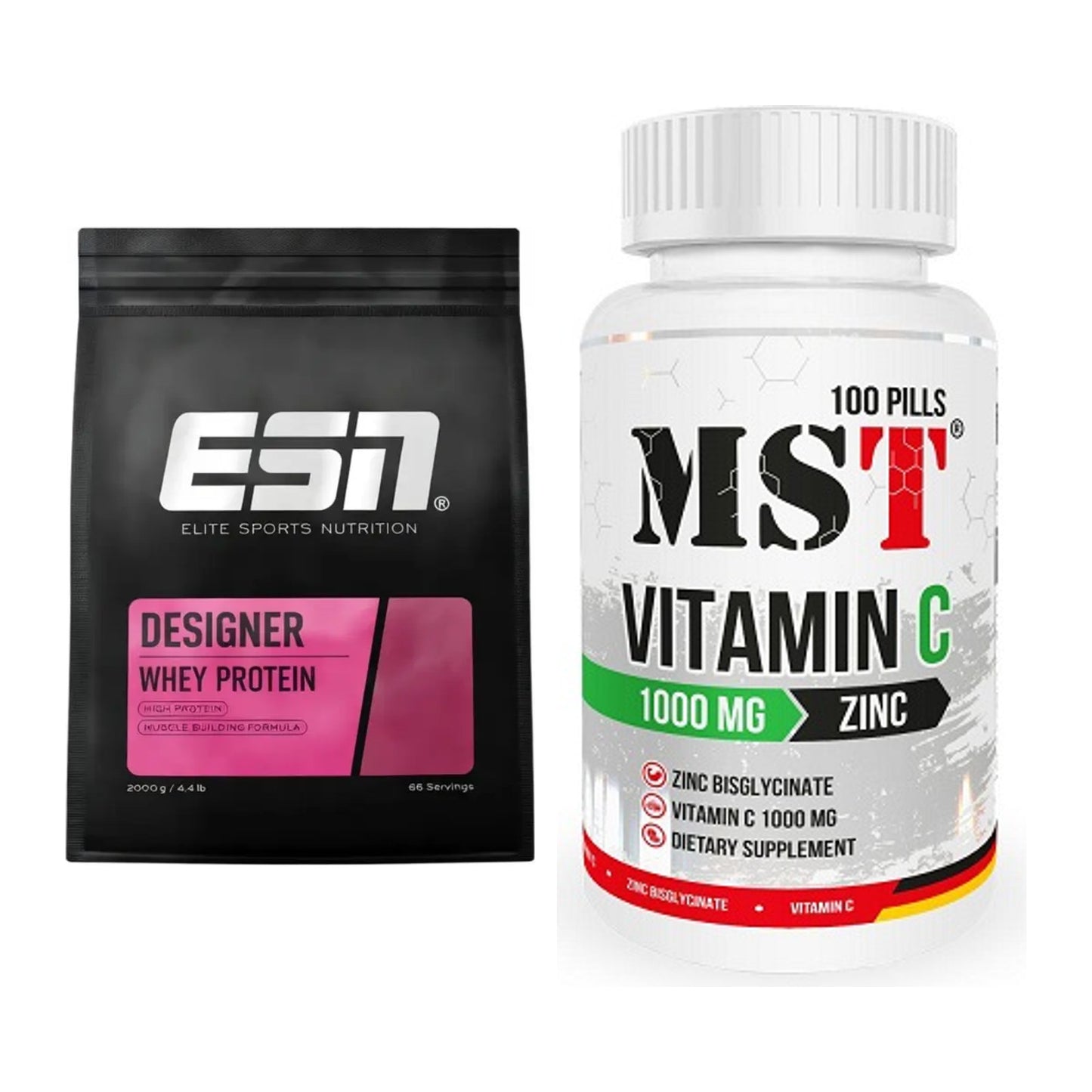 Basis-Set: ESN Designer Whey + MST Vitamin C 1000 + Zinc 100 – alle enthaltenen Artikel
