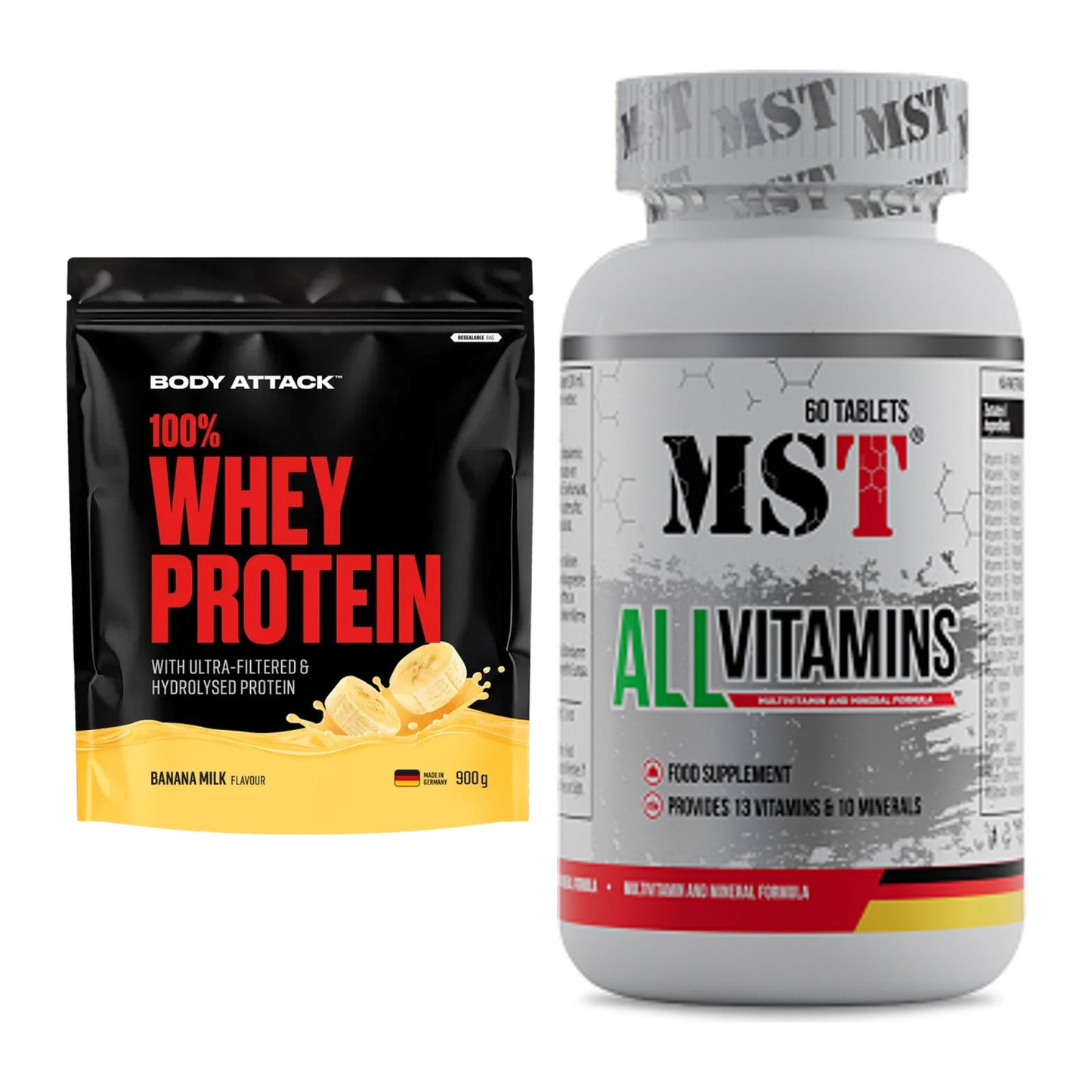 Basis-Set: Body Attack 100% Whey Protein + MST All Vitamins 60 Pillen – alle enthaltenen Artikel