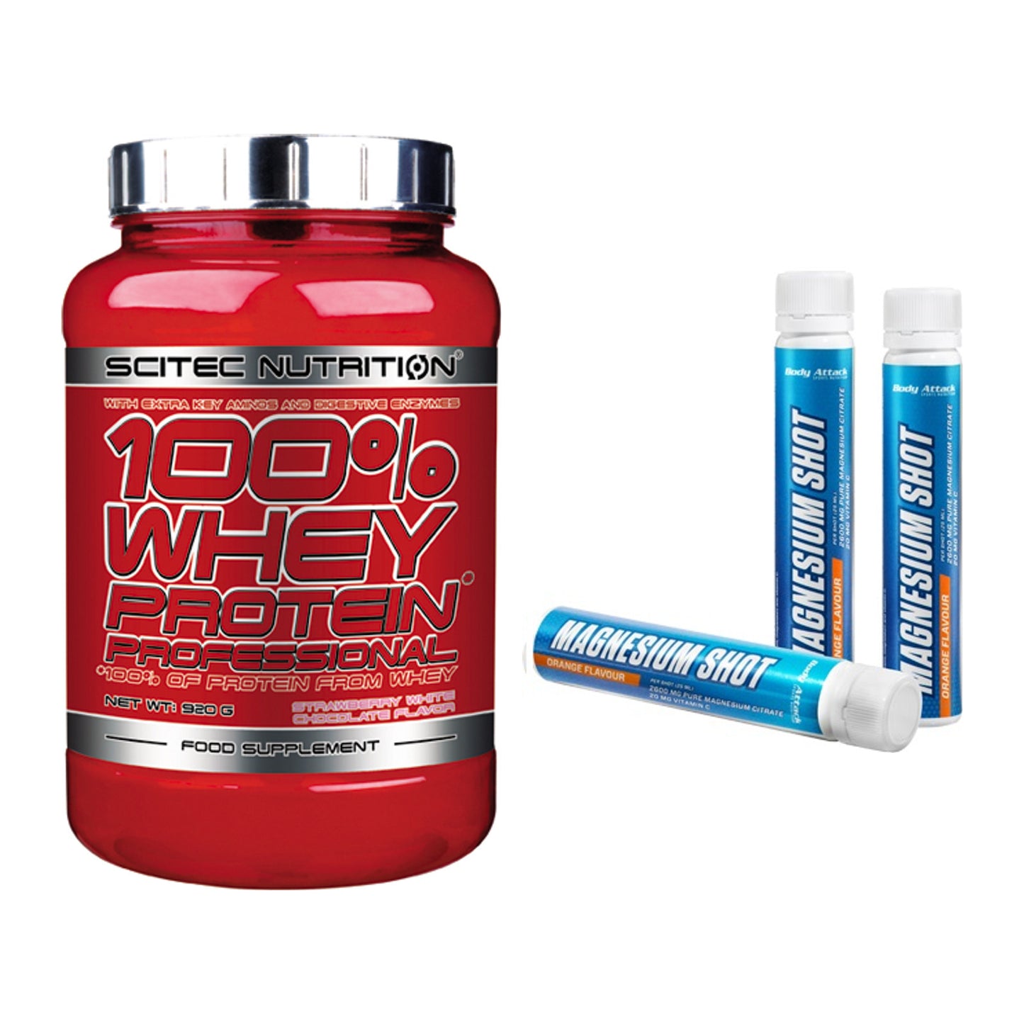 Basis-Set: Scitec 100% Whey Professional + Body Attack Magnesium Shots – alle enthaltenen Artikel