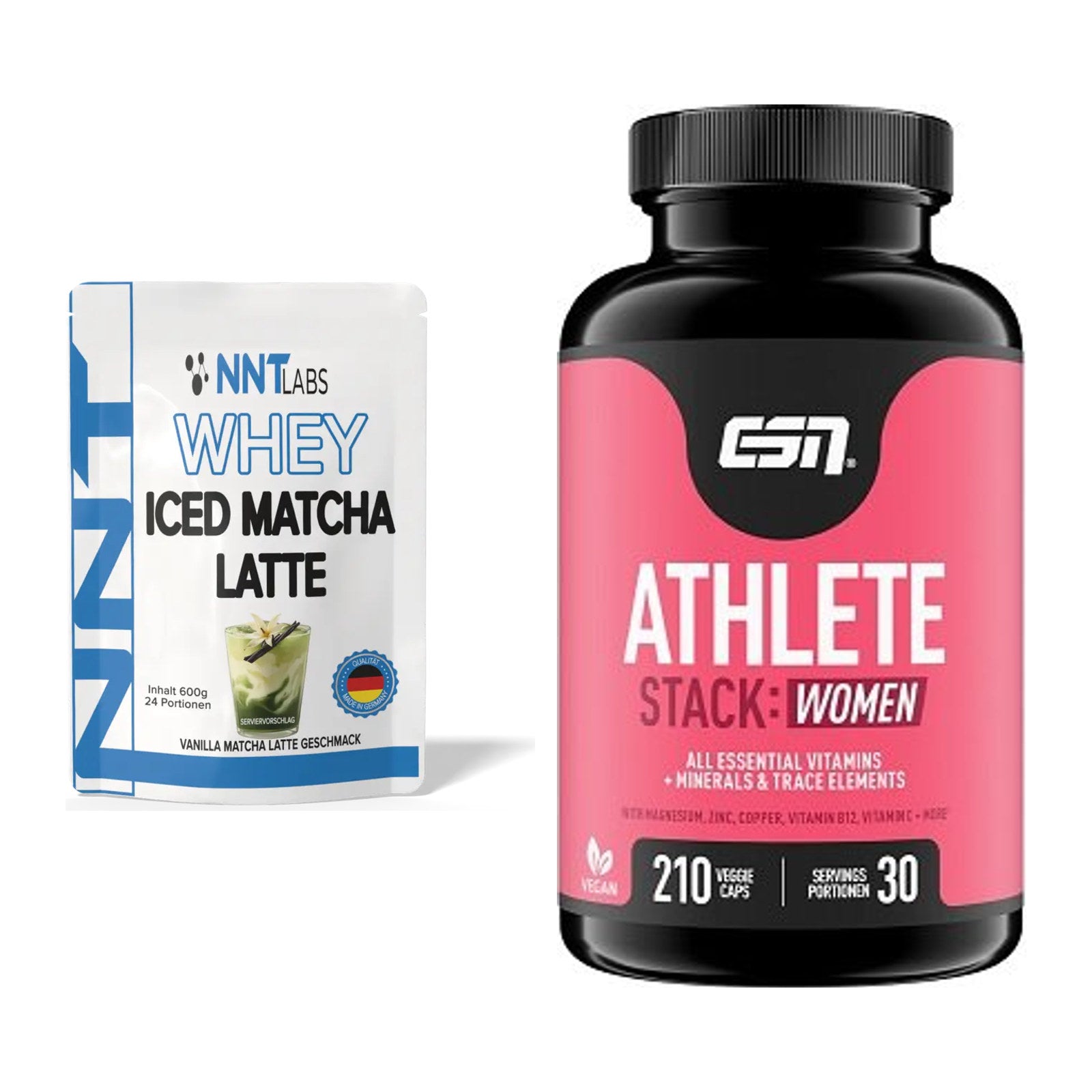 Basis-Set: NNT Whey ICED MATCHA LATTE + ESN Athlete Stack:WOMEN – alle enthaltenen Artikel