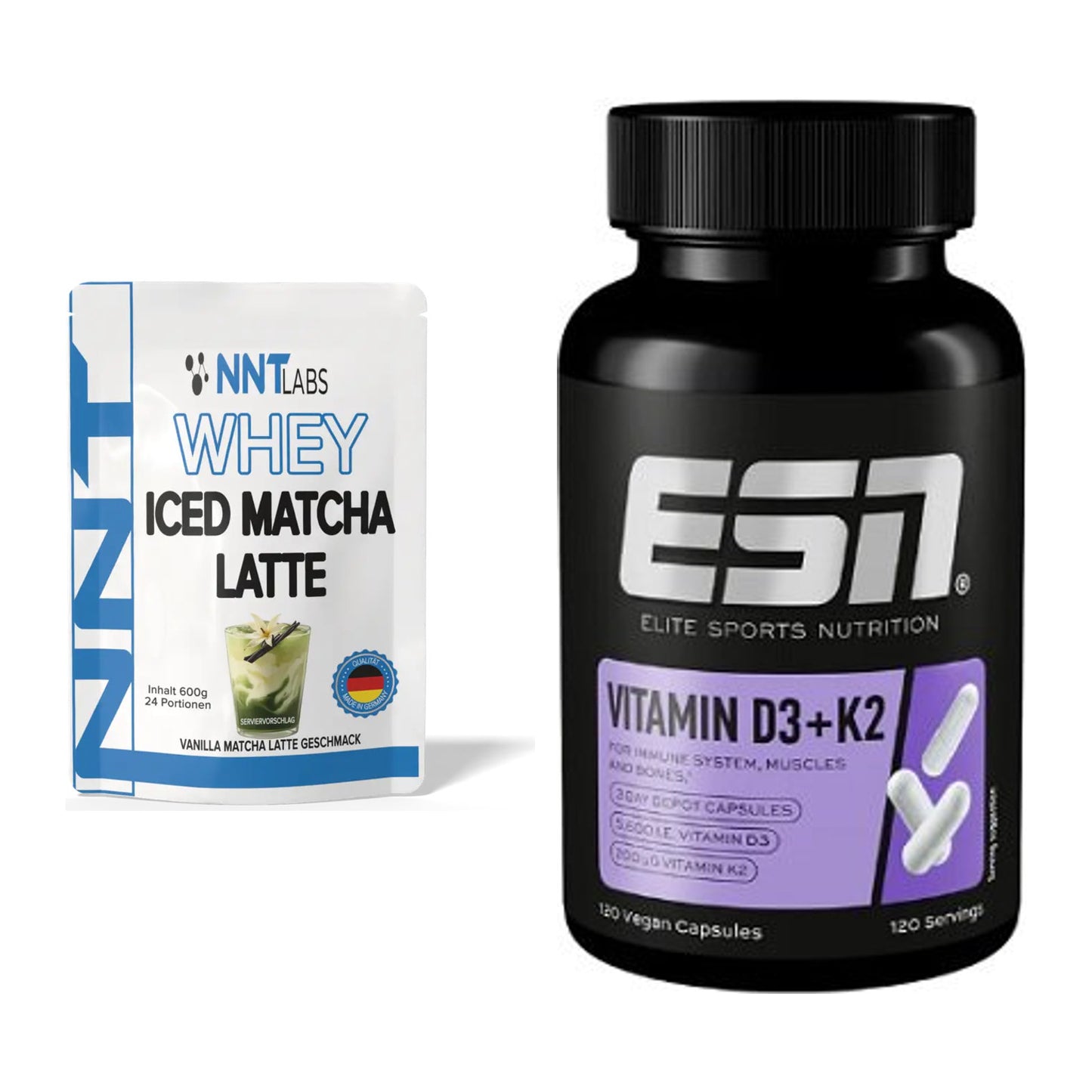 Basis-Set: NNT Whey ICED MATCHA LATTE + ESN Vitamin D3 + K2 – alle enthaltenen Artikel